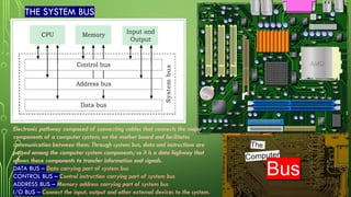 THE SYSTEM BUS
Electronic pathway composed of connecting cables that connects the major
components of a computer system, on the mother board and facilitates
communication between them. Through system bus, data and instructions are
passed among the computer system components; so it is a data highway that
allows these components to transfer information and signals.
DATA BUS – Data carrying part of system bus
CONTROL BUS – Control instruction carrying part of system bus
ADDRESS BUS – Memory address carrying part of system bus
I/O BUS – Connect the input, output and other external devices to the system.
 