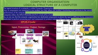 COMPUTER ORGANISATION
LOGICAL STRUCTURE OF A COMPUTER
• The logical structure of a computer is called Computer Organisation.
• -how its components are connected to one another, how they affect one another’s functioning and contribute to the overall
performance of the computer.
• Computers follow the INPUT-PROCESS-OUTPUT CYLCE (IPO CYCLE)
• So, we can say that the computer organisation has dedicated components to obtain the input in different forms, components
dedicated to perform processing part and components to produce output in different forms.
COMPARE THE
IPOS IN
HUMANS
 