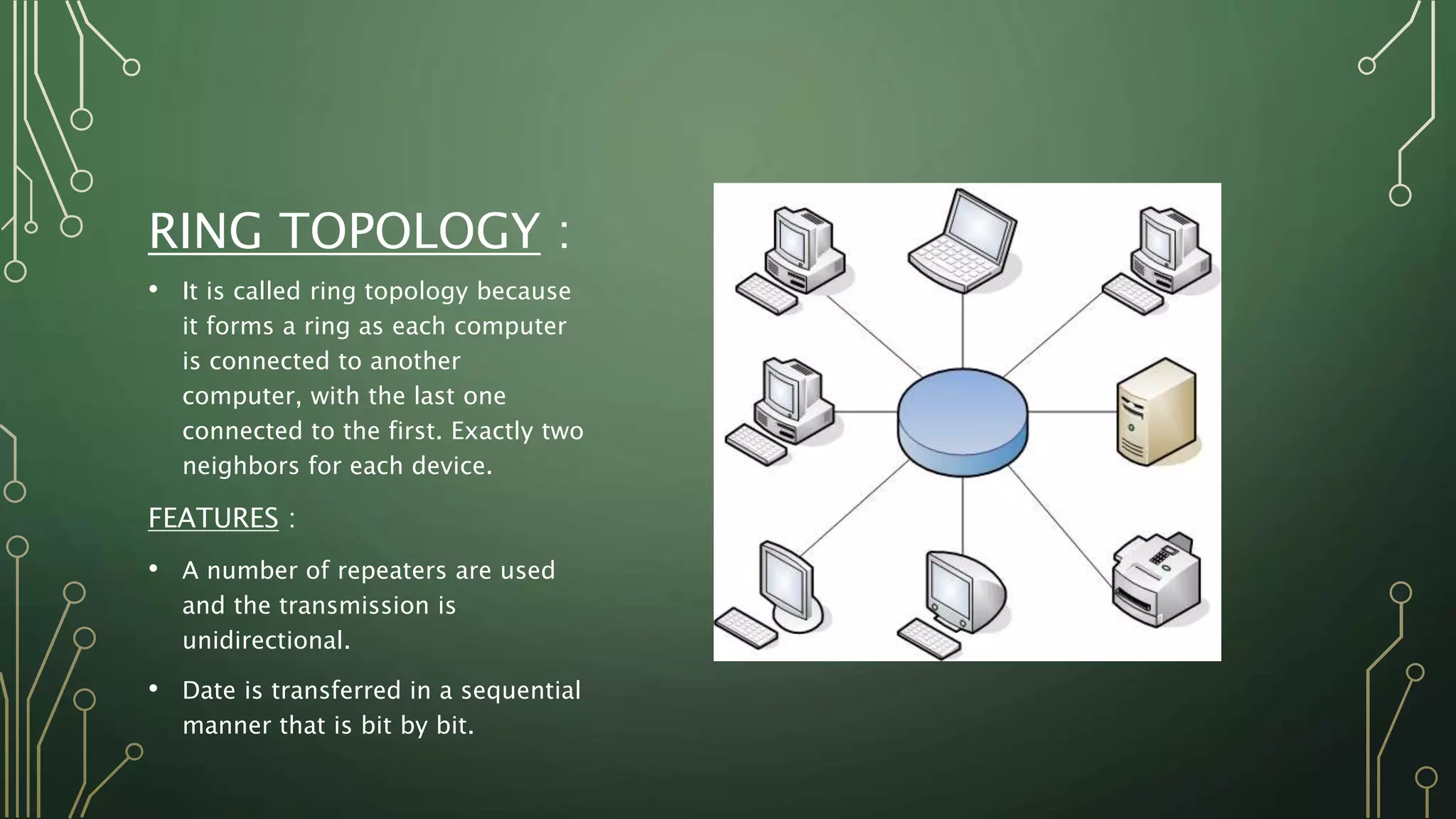 RING TOPOLOGY :
• It is called ring topology because
it forms a ring as each computer
is connected to another
computer, with the last one
connected to the first. Exactly two
neighbors for each device.
FEATURES :
• A number of repeaters are used
and the transmission is
unidirectional.
• Date is transferred in a sequential
manner that is bit by bit.
 