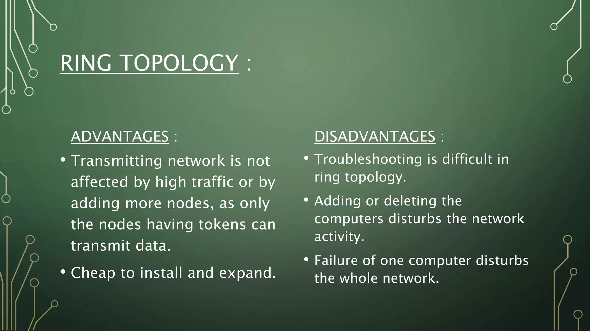 RING TOPOLOGY :
ADVANTAGES :
• Transmitting network is not
affected by high traffic or by
adding more nodes, as only
the nodes having tokens can
transmit data.
• Cheap to install and expand.
DISADVANTAGES :
• Troubleshooting is difficult in
ring topology.
• Adding or deleting the
computers disturbs the network
activity.
• Failure of one computer disturbs
the whole network.
 
