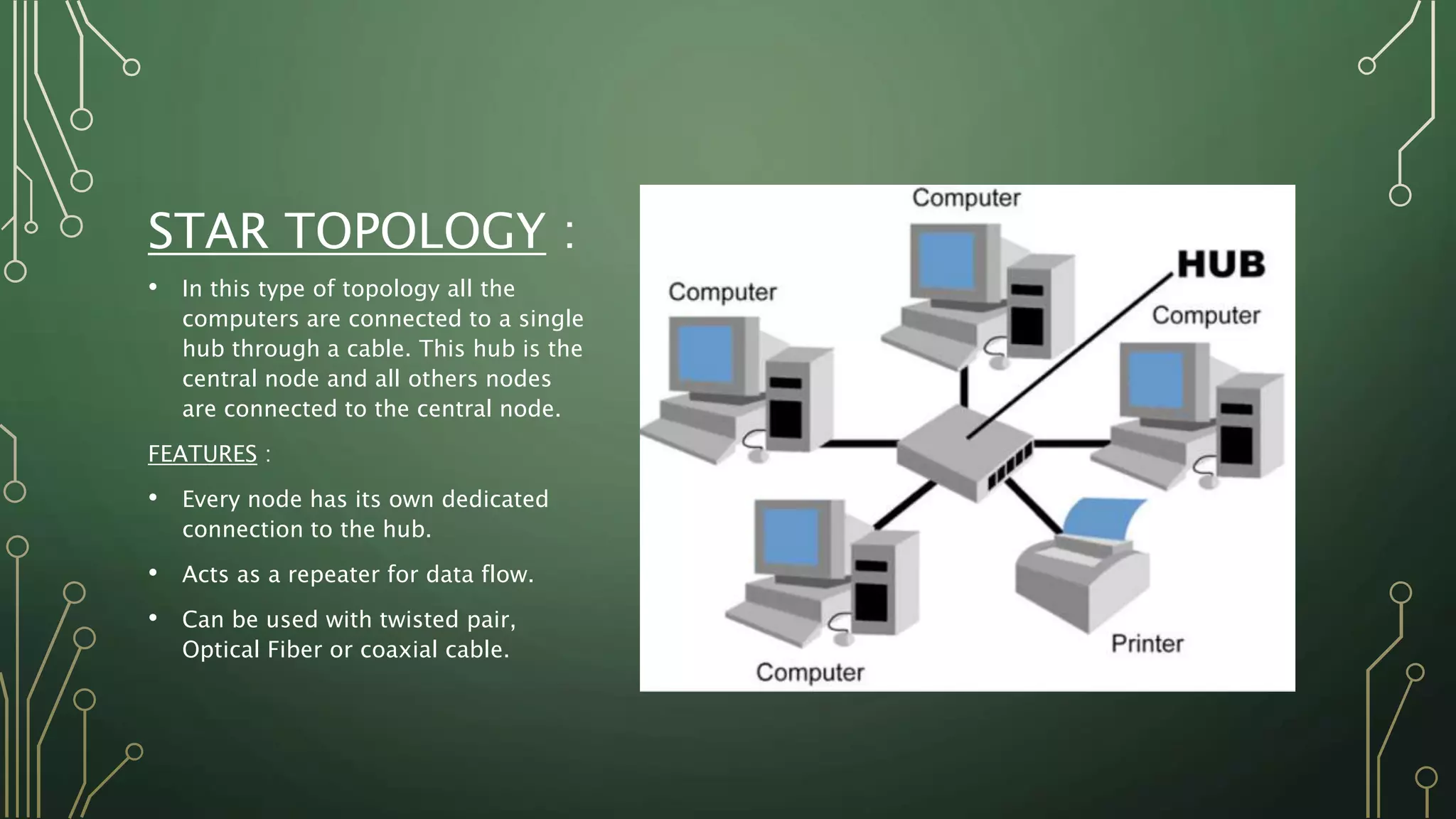 STAR TOPOLOGY :
• In this type of topology all the
computers are connected to a single
hub through a cable. This hub is the
central node and all others nodes
are connected to the central node.
FEATURES :
• Every node has its own dedicated
connection to the hub.
• Acts as a repeater for data flow.
• Can be used with twisted pair,
Optical Fiber or coaxial cable.
 