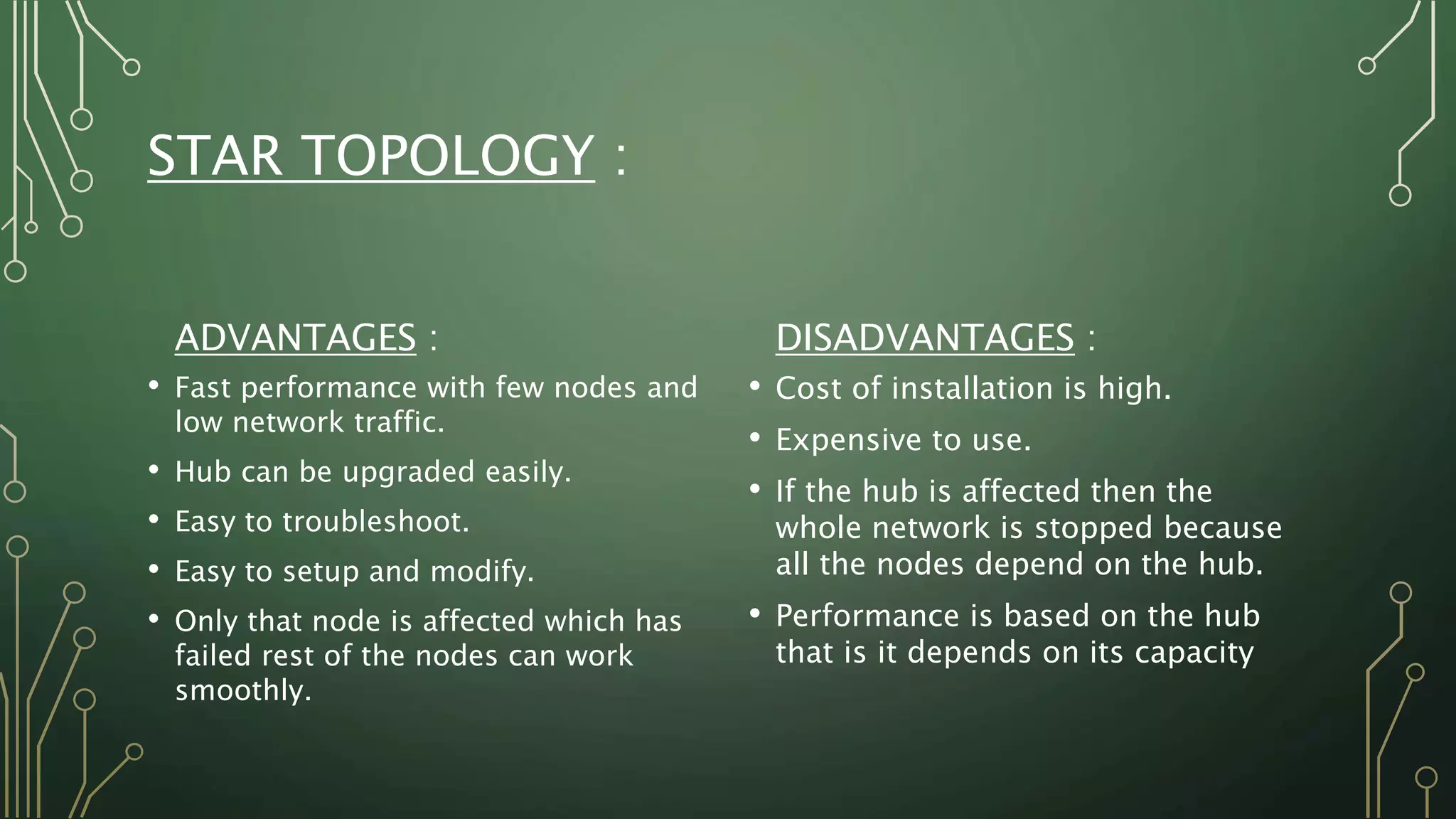 STAR TOPOLOGY :
ADVANTAGES :
• Fast performance with few nodes and
low network traffic.
• Hub can be upgraded easily.
• Easy to troubleshoot.
• Easy to setup and modify.
• Only that node is affected which has
failed rest of the nodes can work
smoothly.
DISADVANTAGES :
• Cost of installation is high.
• Expensive to use.
• If the hub is affected then the
whole network is stopped because
all the nodes depend on the hub.
• Performance is based on the hub
that is it depends on its capacity
 