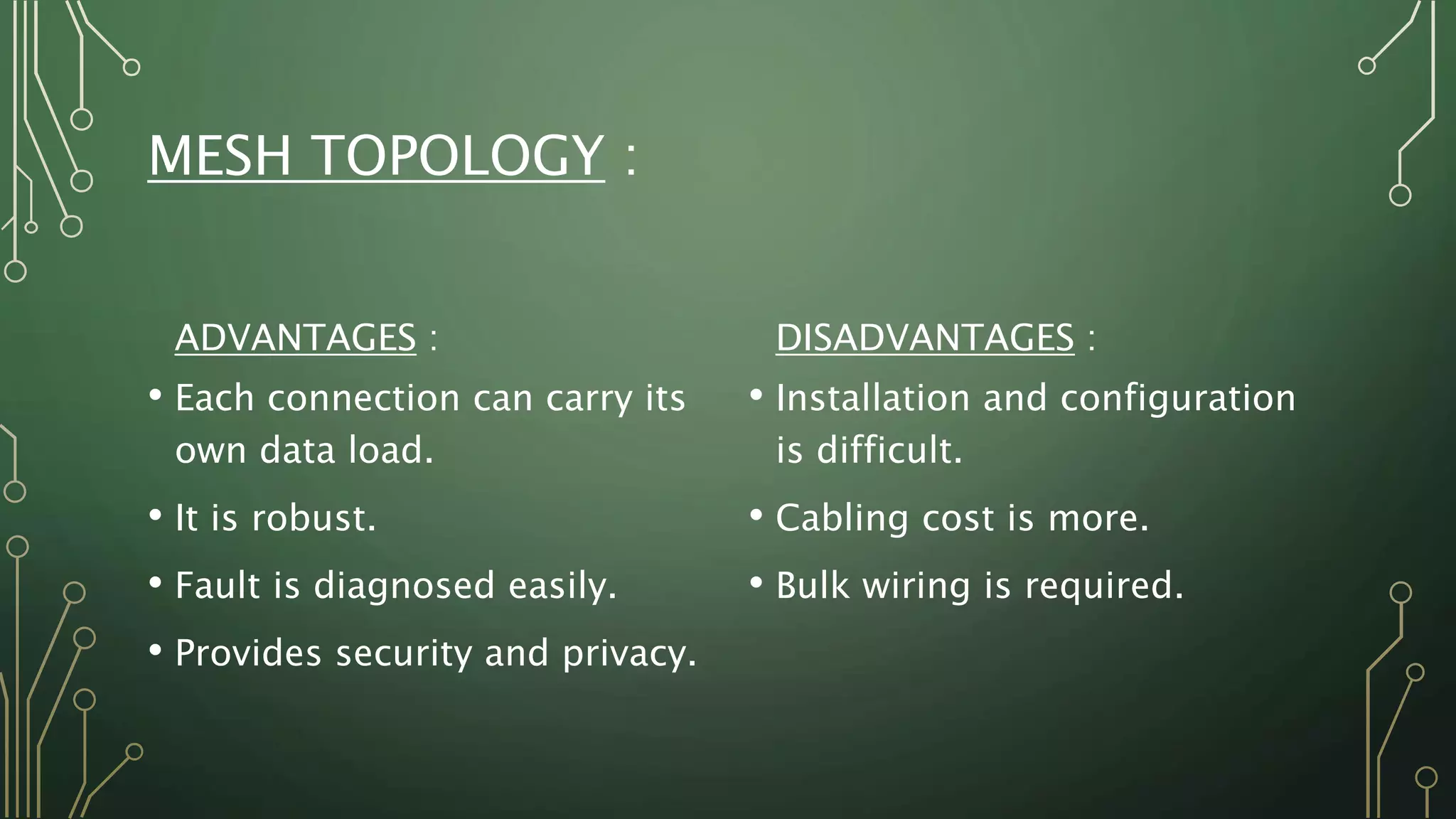 MESH TOPOLOGY :
ADVANTAGES :
• Each connection can carry its
own data load.
• It is robust.
• Fault is diagnosed easily.
• Provides security and privacy.
DISADVANTAGES :
• Installation and configuration
is difficult.
• Cabling cost is more.
• Bulk wiring is required.
 