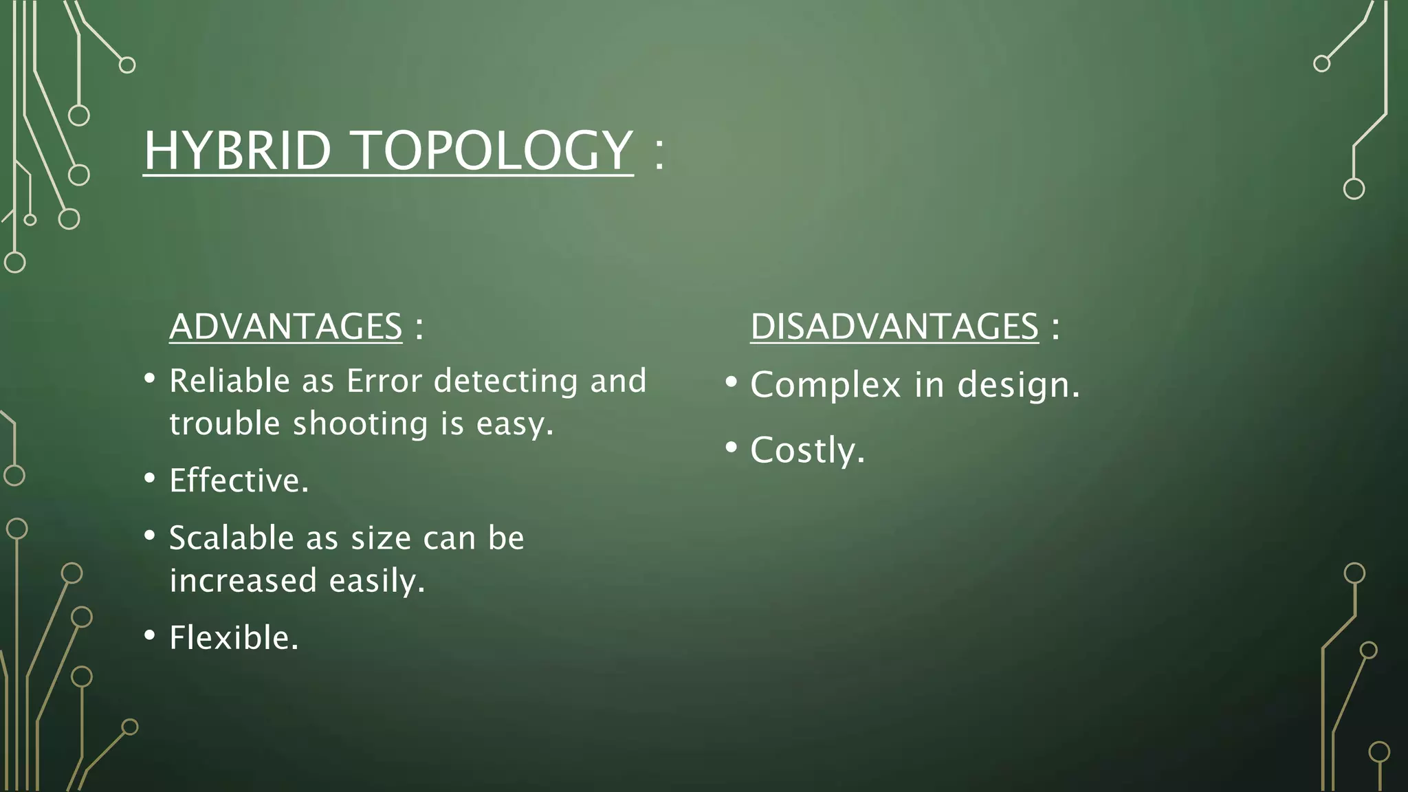 HYBRID TOPOLOGY :
ADVANTAGES :
• Reliable as Error detecting and
trouble shooting is easy.
• Effective.
• Scalable as size can be
increased easily.
• Flexible.
DISADVANTAGES :
• Complex in design.
• Costly.
 