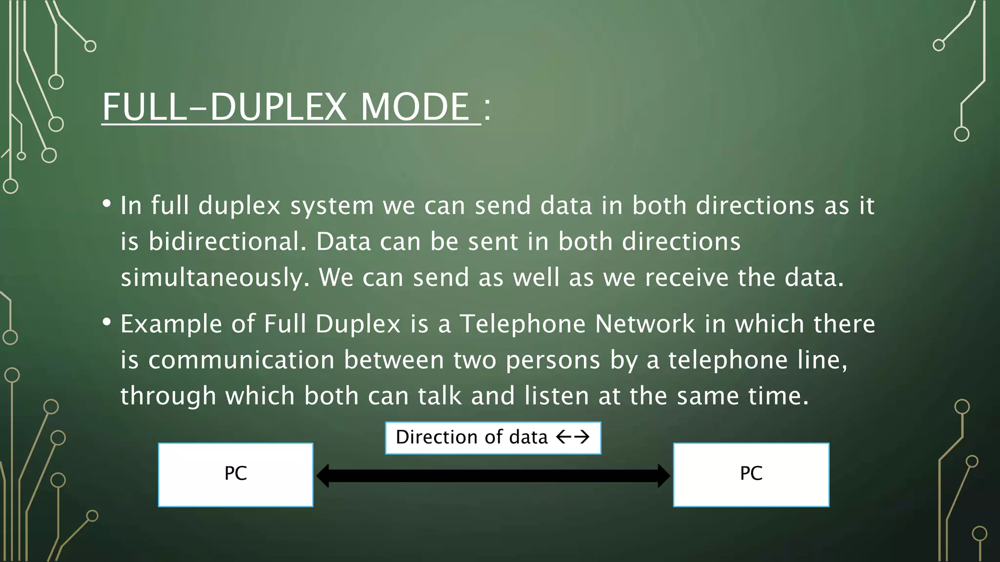 FULL-DUPLEX MODE :
• In full duplex system we can send data in both directions as it
is bidirectional. Data can be sent in both directions
simultaneously. We can send as well as we receive the data.
• Example of Full Duplex is a Telephone Network in which there
is communication between two persons by a telephone line,
through which both can talk and listen at the same time.
PC PC
Direction of data 
 
