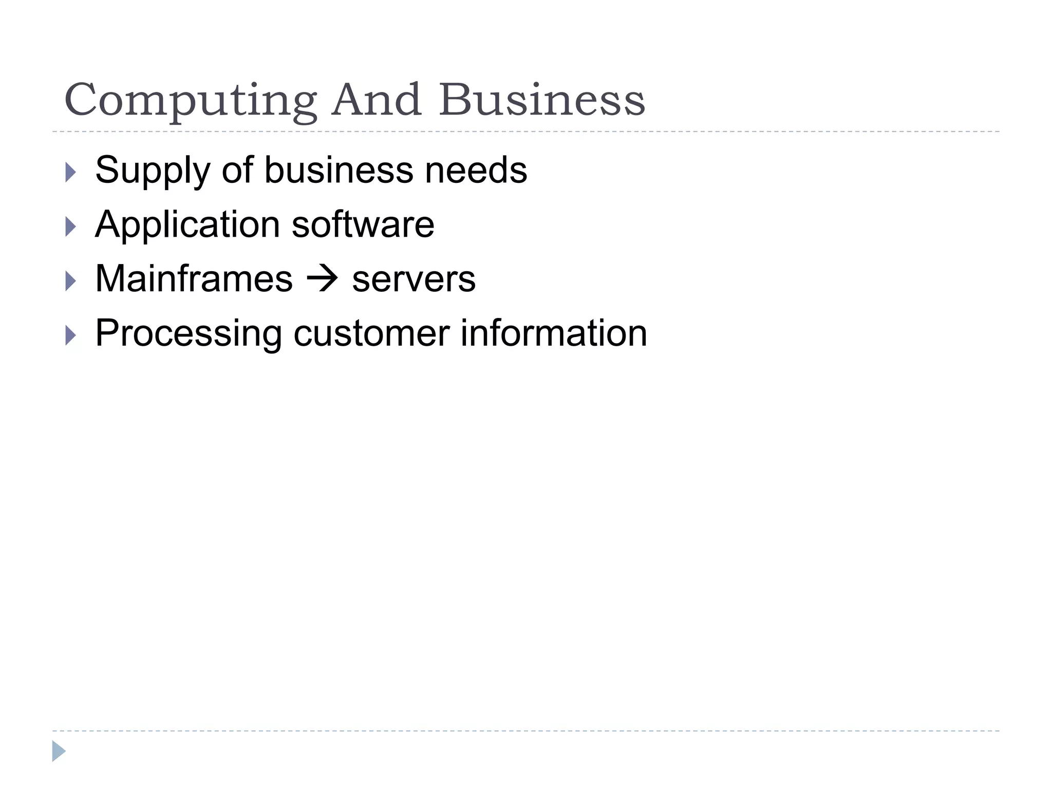 Computing And Business
 Supply of business needs
 Application software
 Mainframes  servers
 Processing customer information
 