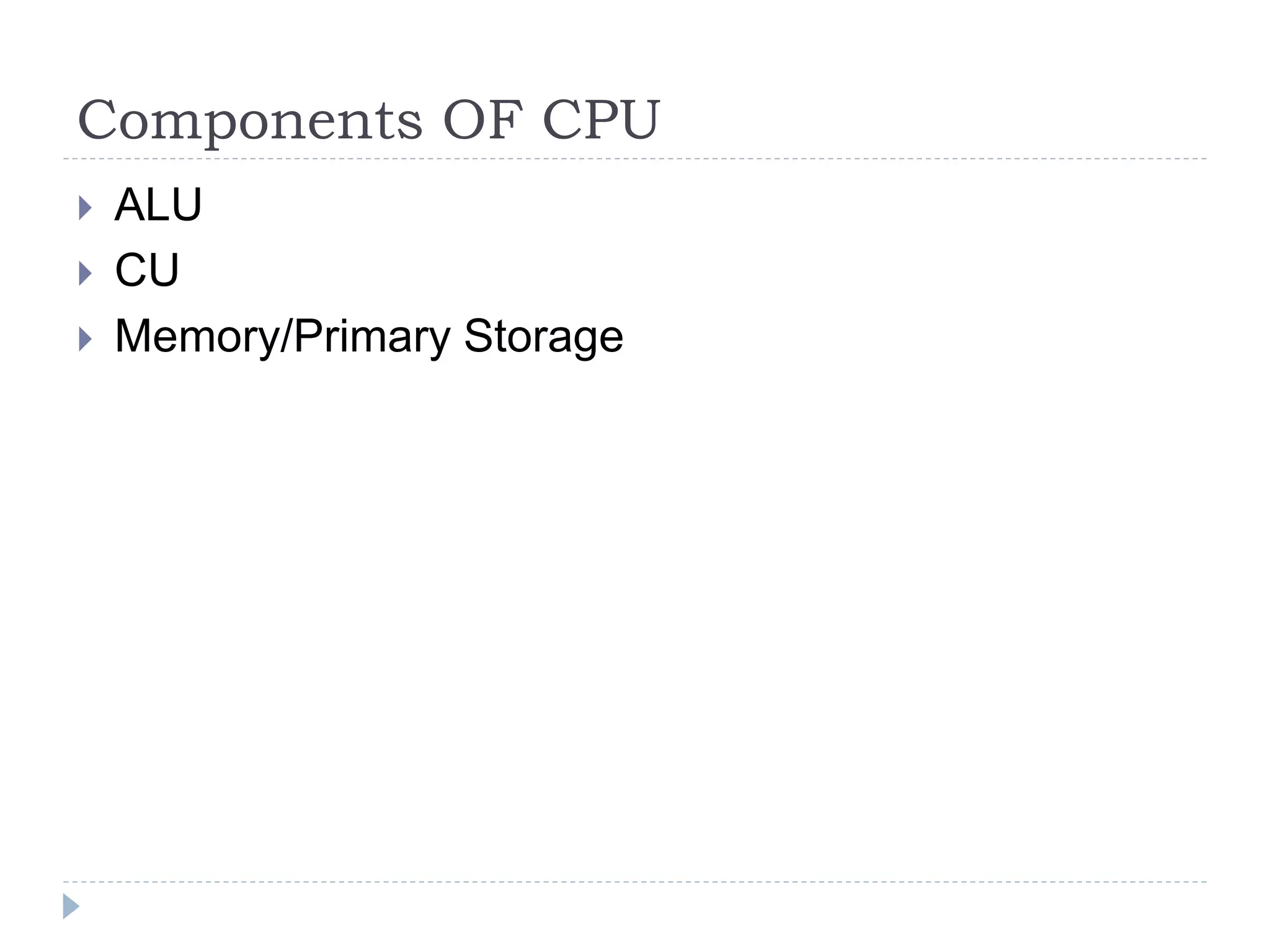 Components OF CPU
 ALU
 CU
 Memory/Primary Storage
 