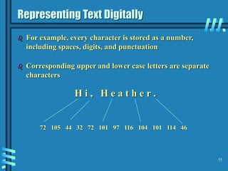11
Representing Text Digitally
 For example, every character is stored as a number,
including spaces, digits, and punctuation
 Corresponding upper and lower case letters are separate
characters
H i , H e a t h e r .
72 105 44 32 72 101 97 116 104 101 114 46
 