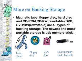 More on Backing Storage Magnetic tape, floppy disc, hard disc and CD-ROM,CD/RW(rewritable) DVD, DVD/RW(rewritable) are all types of backing storage. The newest and most portable storage is usb memory stick . Tape cheap Floppy disc CD / RW USB memory stick. Portable 