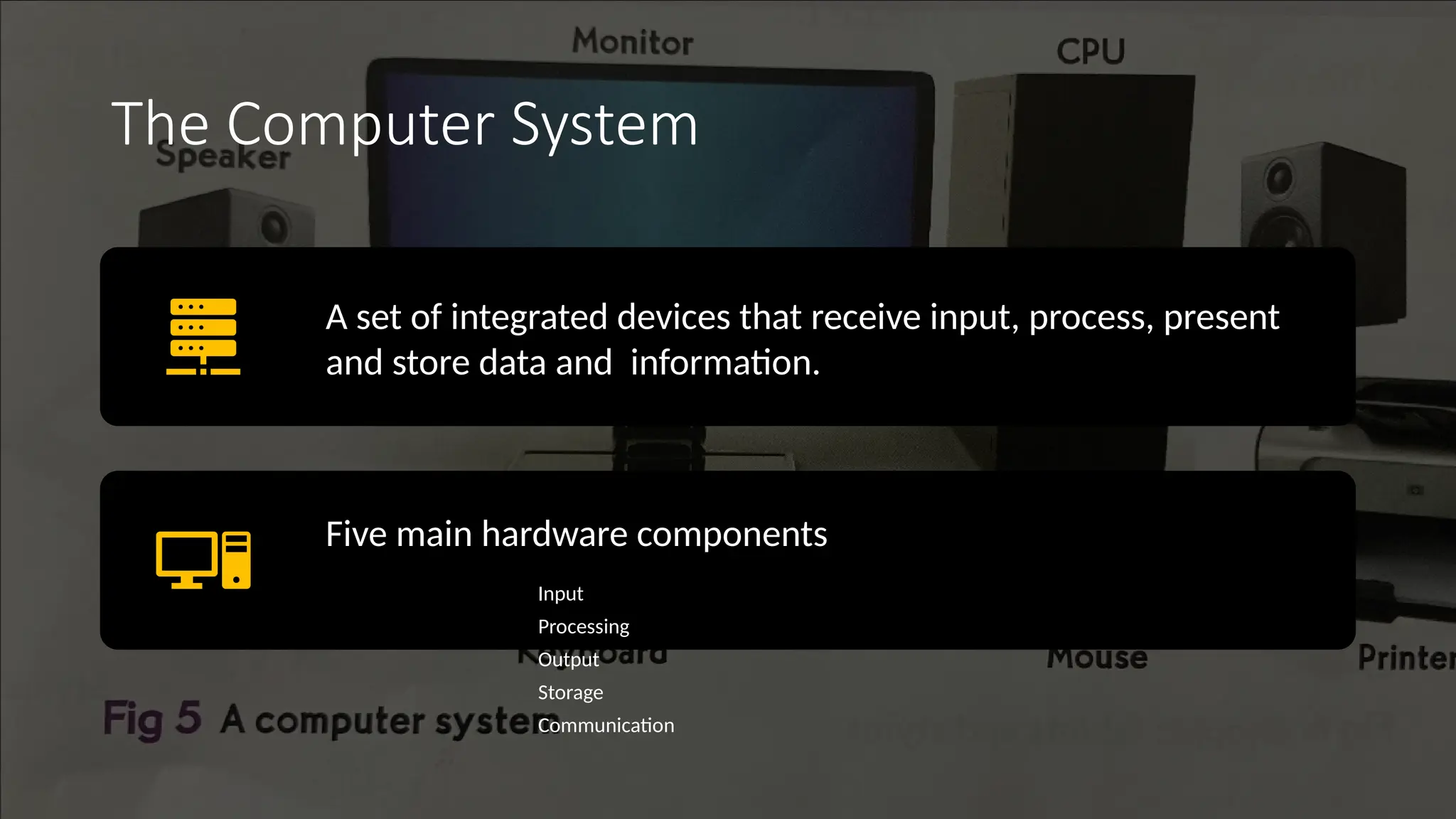 The Computer System
A set of integrated devices that receive input, process, present
and store data and information.
Five main hardware components
Input
Processing
Output
Storage
Communication
 