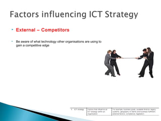  External – Competitors
 Be aware of what technology other organisations are using to
gain a competitive edge
 