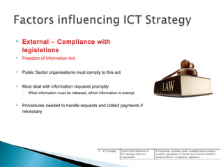  External – Compliance with
legislations
 Freedom of Information Act
 Public Sector organisations must comply to this act
 Must deal with information requests promptly
◦ What information must be released, which information is exempt
 Procedures needed to handle requests and collect payments if
necessary
 
