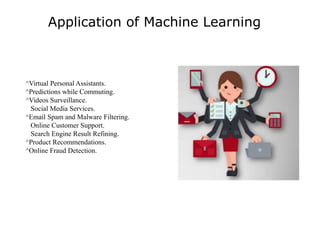 Application of Machine Learning
^Virtual Personal Assistants.
^Predictions while Commuting.
^Videos Surveillance.
Social Media Services.
^Email Spam and Malware Filtering.
Online Customer Support.
Search Engine Result Refining.
^Product Recommendations.
^Online Fraud Detection.
 