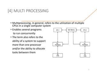 [4] MULTI PROCESSING
• Multiprocessing, in general, refers to the utilization of multiple
CPUs in a single computer system
• Enables several programs
to run concurrently
• The term also refers to the
ability of a system to support
more than one processor
and/or the ability to allocate
tasks between them
11
 