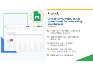 SheetS
Collaborative, smart, secure
spreadsheets for fast-moving
organizations
Frictionless collaboration and
information sharing
Get insights fast, powered by
Google AI
Work seamlessly across
Sheets and Excel
Maintain control with
enterprise-grade security
Build custom solutions
 
