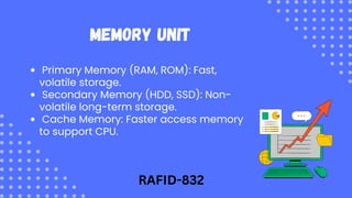 Memory Unit
Primary Memory (RAM, ROM): Fast,
volatile storage.
Secondary Memory (HDD, SSD): Non-
volatile long-term storage.
Cache Memory: Faster access memory
to support CPU.
RAFID-832
 