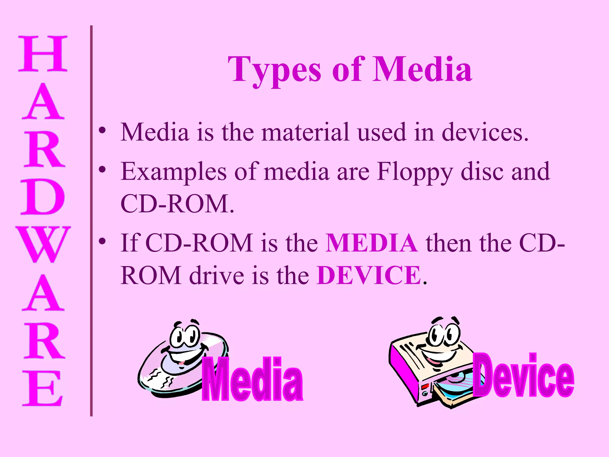 Types of Media Media is the material used in devices. Examples of media are Floppy disc and  CD-ROM. If CD-ROM is the   MEDIA   then the CD-ROM drive is the   DEVICE . Media Device 