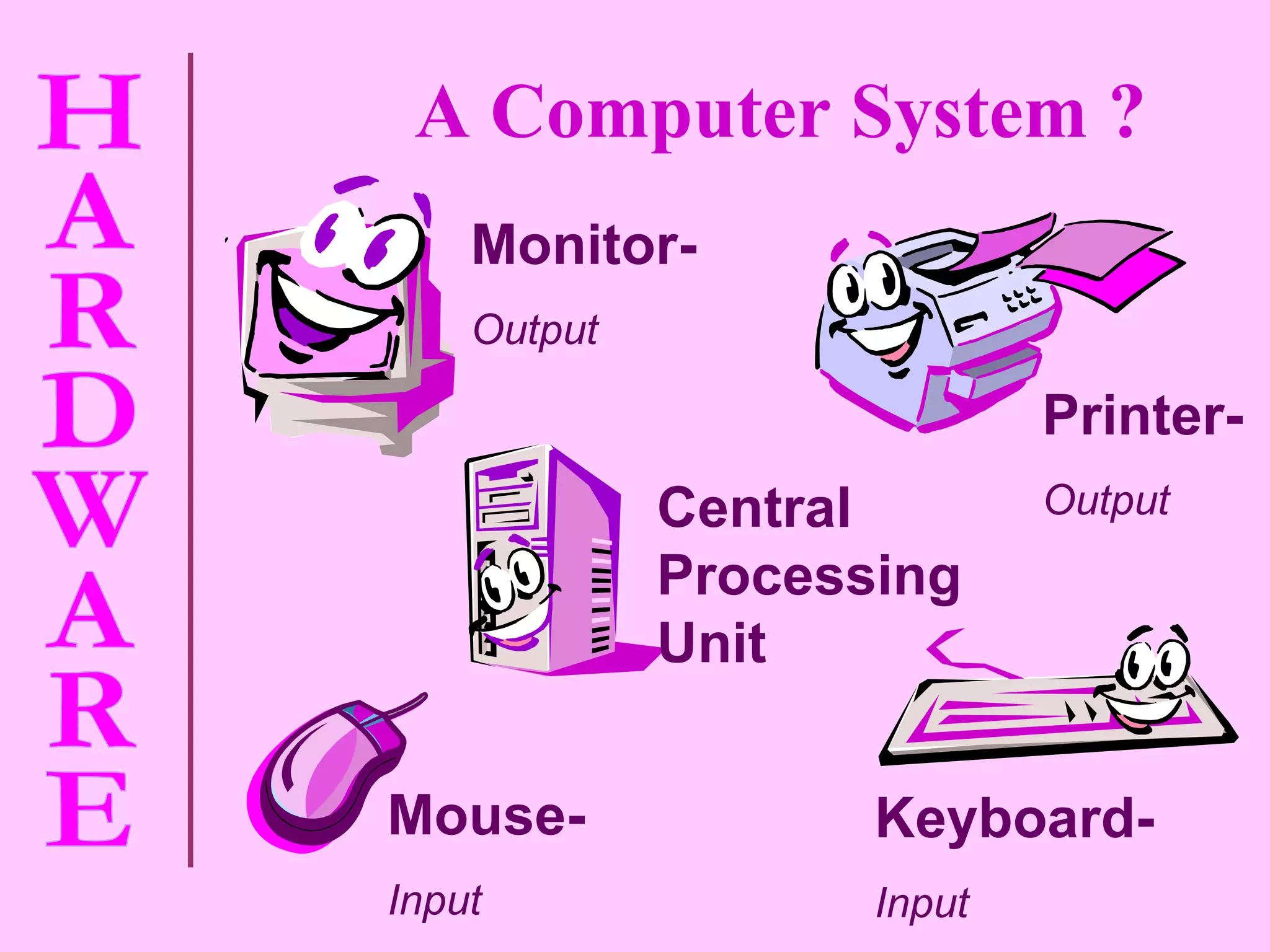 Monitor- Output Printer- Output Central Processing Unit Mouse- Input Keyboard- Input A Computer System ? 