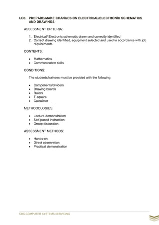 LO3. PREPARE/MAKE CHANGES ON ELECTRICAL/ELECTRONIC SCHEMATICS
AND DRAWINGS
ASSESSMENT CRITERIA:
1. Electrical/ Electronic schematic drawn and correctly identified
2. Correct drawing identified, equipment selected and used in accordance with job
requirements
CONTENTS:
 Mathematics
 Communication skills
CONDITIONS:
The students/trainees must be provided with the following:
 Components/dividers
 Drawing boards
 Rulers
 T-square
 Calculator
METHODOLOGIES:
 Lecture-demonstration
 Self-paced instruction
 Group discussion
ASSESSMENT METHODS:
 Hands-on
 Direct observation
 Practical demonstration
CBC-COMPUTER SYSTEMS SERVICING
 