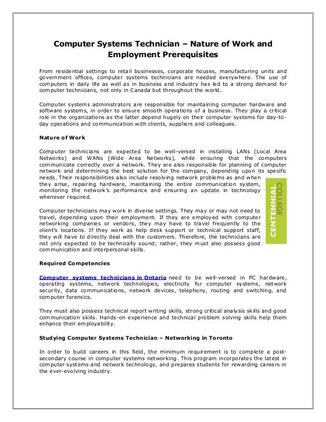 Computer systems technician nature of work and employment prerequisites