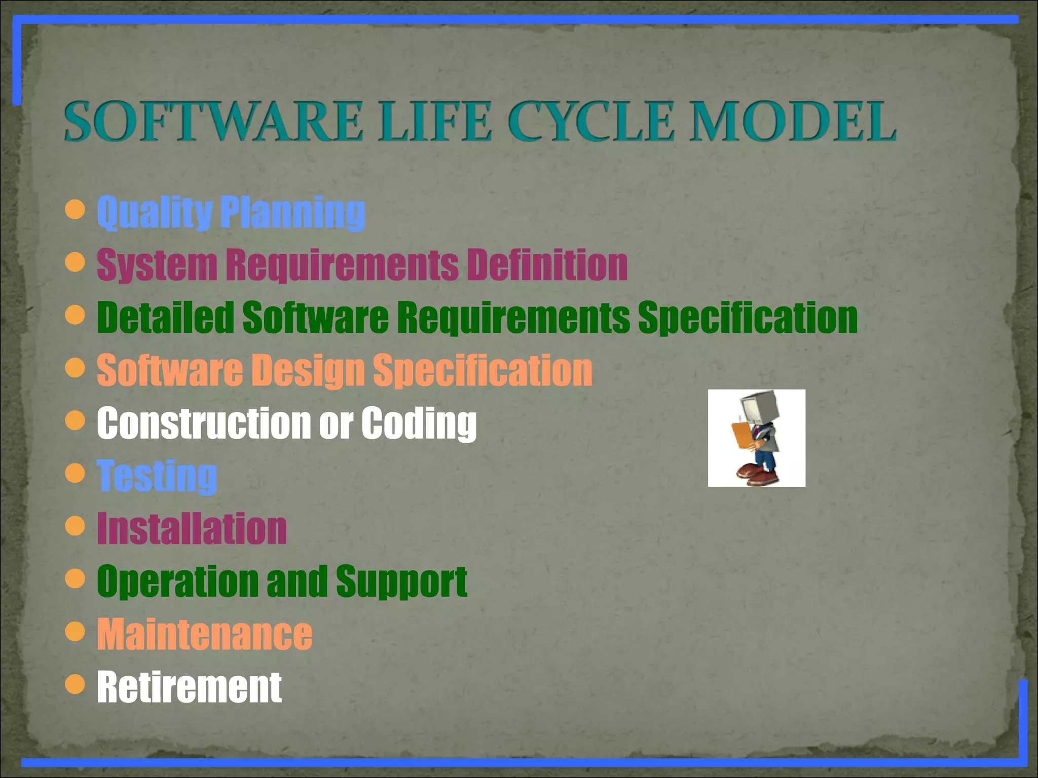 Quality Planning
System Requirements Definition
Detailed Software Requirements Specification
Software Design Specification
Construction or Coding
Testing
Installation
Operation and Support
Maintenance
Retirement
www.PharmInfopedia.com
 