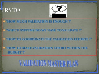 "HOW MUCH VALIDATION IS ENOUGH ?"
"WHICH SYSTEMS DO WE HAVE TO VALIDATE ?“
“HOW TO COORDINATE THE VALIDATION EFFORTS ?”
“HOW TO MAKE VALIDATION EFFORT WITHIN THE
BUDGET ?”
www.PharmInfopedia.com
 