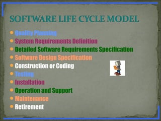 Quality Planning
System Requirements Definition
Detailed Software Requirements Specification
Software Design Specification
Construction or Coding
Testing
Installation
Operation and Support
Maintenance
Retirement
www.PharmInfopedia.com
 
