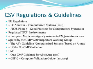 CSV Regulations & Guidelines
 EU Regulations
 – EC Annex 11 – Computerized Systems (2011)
 – PIC/S PI 011-3 – Good Practices for Computerised Systems in
 Regulated ‘GXP’ Environments
 – European Medicines Agency answers to FAQs on Annex 11 as
 agreed by the GMP/GDP Inspectors Working Group
 – The APV Guideline “Computerized Systems” based on Annex
 11 of the EU-GMP Guideline.
 • API
 – Q7A GMP Guidance for APIs (Aug 2001)
 – CEFIC – Computer Validation Guide (Jan 2003)
 
