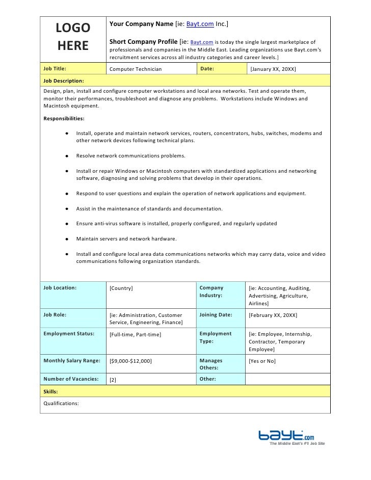 computer technician job description template by bayt com computer technician job description sample