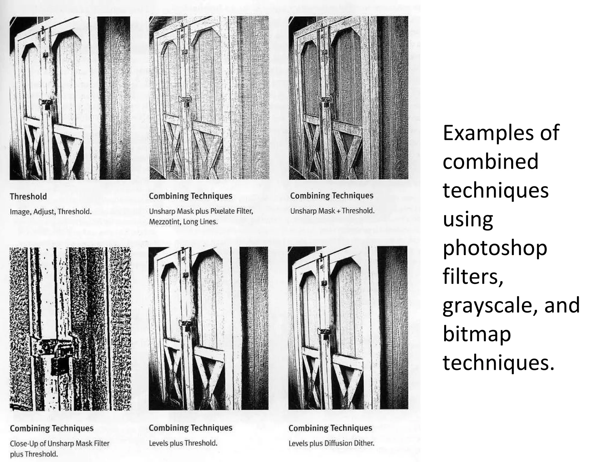Examples of combined techniques using photoshop filters, grayscale, and bitmap techniques. 