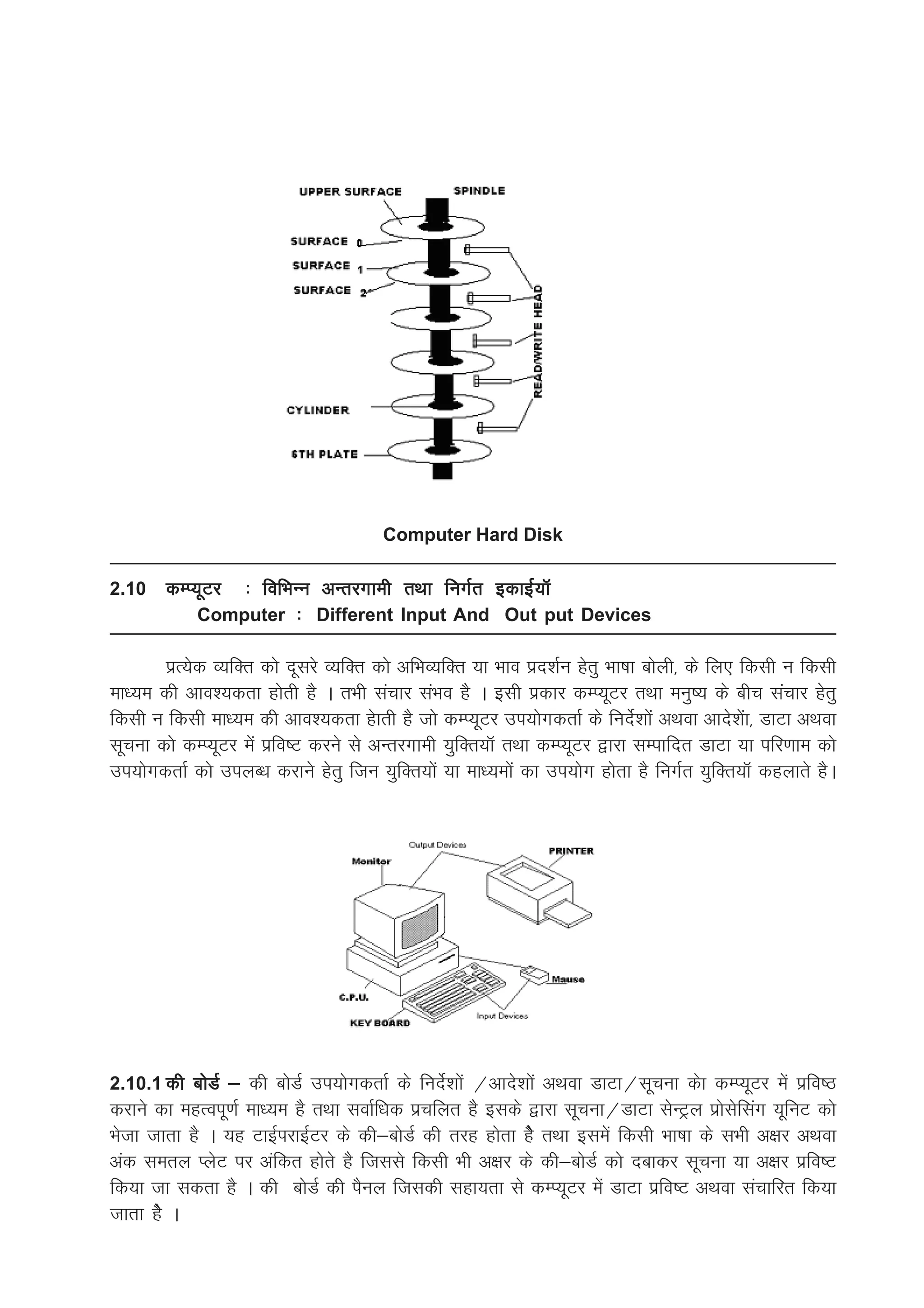 Computer Hard Disk

2.10   dEI;wVj  % fofHkUu vUrjxkeh rFkk fuxZr bdkbZZ;kW
            Computer % Different Input And Out put Devices

       izR;sd O;fDr dks nwljs O;fDr dks vfHkO;fDr ;k Hkko izn'kZu gsrq Hkk"kk cksyh] ds fy, fdlh u fdlh
ek/;e dh vko';drk gksrh gS A rHkh lapkj laHko gS A blh izdkj dEI;wVj rFkk euq"; ds chp lapkj gsrq
fdlh u fdlh ek/;e dh vko';drk gskrh gS tks dEI;wVj mi;ksxdrkZ ds funsZ'kksa vFkok vkns'ksak] MkVk vFkok
lwpuk dks dEI;wVj esa izfo"V djus ls vUrjxkeh ;qfDr;kW rFkk dEI;wVj }kjk lEikfnr MkVk ;k ifj.kke dks
mi;ksxdrkZ dks miyC/k djkus gsrq ftu ;qfDr;ksa ;k ek/;eksa dk mi;ksx gksrk gS fuxZr ;qfDr;kW dgykrs gSA




2.10.1 dh cksMZ & dh cksMZ mi;ksxdrkZ ds funsZ'kksa @vkns'kksa vFkok MkVk@lwpuk dsk dEI;wVj esa izfo"B
djkus dk egRoiw.kZ ek/;e gS rFkk lokZf/kd izpfyr gS blds }kjk lwpuk@MkVk lsUVªy izkslsflax ;wfuV dks
Hkstk tkrk gS A ;g VkbZijkbZVj ds dh&cksMZ dh rjg gksrk gsS rFkk blesa fdlh Hkk"kk ds lHkh v{kj vFkok
vad lery IysV ij vafdr gksrs gS ftlls fdlh Hkh v{kj ds dh&cksMZ dks nckdj lwpuk ;k v{kj izfo"V
fd;k tk ldrk gS A dh cksMZ dh iSuy ftldh lgk;rk ls dEI;wVj esa MkVk izfo"V vFkok lapkfjr fd;k
tkrk gsS A
 