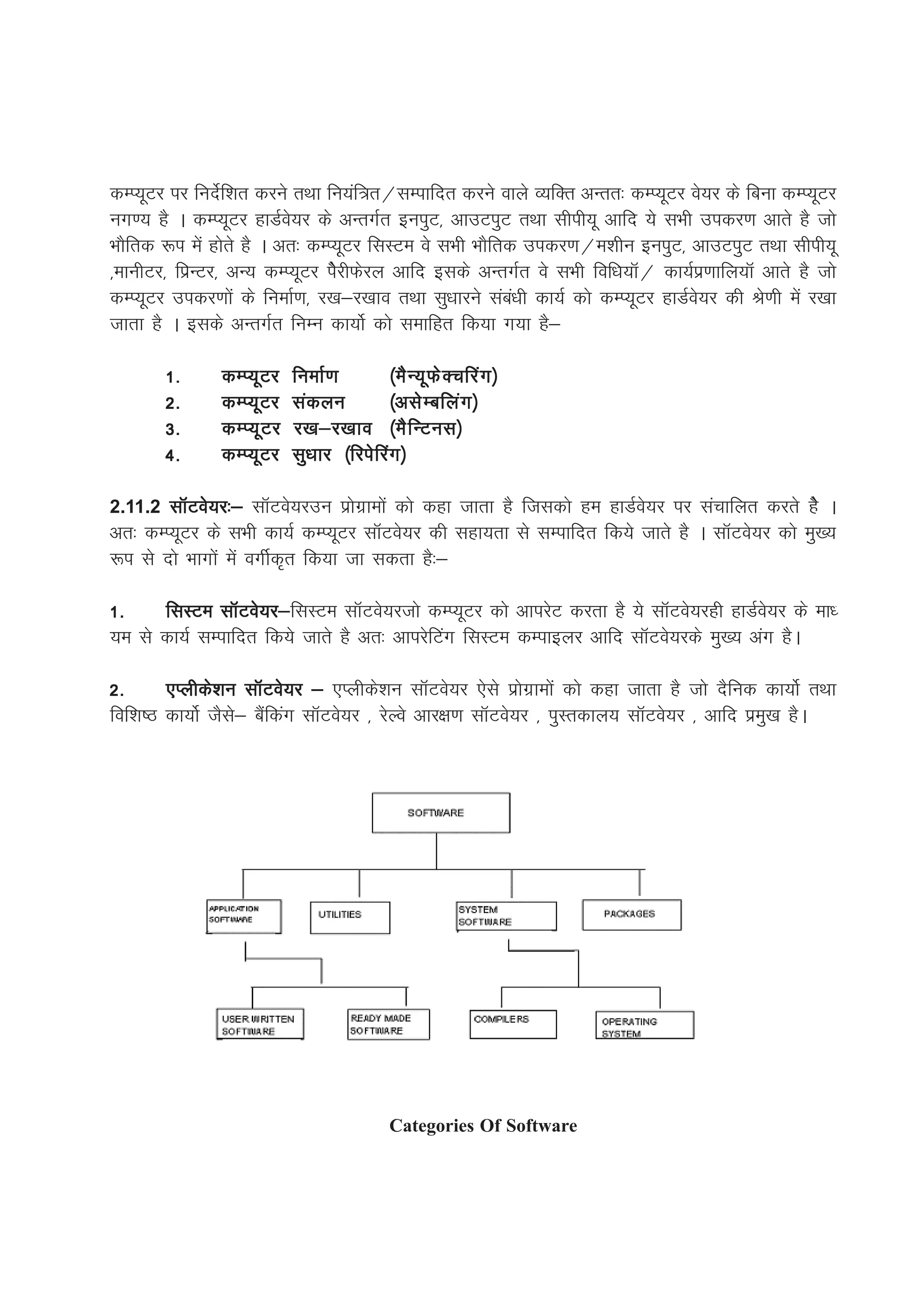 dEI;wVj ij funsZf'kr djus rFkk fu;af=r@lEikfnr djus okys O;fDr vUrr% dEI;wVj os;j ds fcuk dEI;wVj
ux.; gS A dEI;wVj gkMZos;j ds vUrxZr buiqV] vkmViqV rFkk lhih;w vkfn ;s lHkh midj.k vkrs gS tks
HkkSfrd :i esa gksrs gS A vr% dEI;wVj flLVe os lHkh HkkSfrd midj.k@e'khu buiqV] vkmViqV rFkk lhih;w
]ekuhVj] fizUVj] vU; dEI;wVj iSsjhQsjy vkfn blds vUrxZr os lHkh fof/k;kW@ dk;Ziz.kkfy;kW vkrs gS tks
dEI;wVj midj.kksa ds fuekZ.k] j[k&j[kko rFkk lq/kkjus laca/kh dk;Z dks dEI;wVj gkMZos;j dh Js.kh esa j[kk
tkrk gS A blds vUrxZr fuEu dk;ksZ dks lekfgr fd;k x;k gS&

        1-      dEI;wVj     fuekZ.k        ¼eS U ;w Q s D pfja x ½
        2-      dEI;wVj     ladyu          ¼vls E cfya x ½
        3-      dEI;w V j   j[k&j[kko ¼eS f UVul½
        4-      dEI;wVj     lq/kkj ¼fjisfjax½

2.11.2 lkWVos;j%& lkWVos;jmu izksxzkeksa dks dgk tkrk gS ftldks ge gkMZos;j ij lapkfyr djrs gsS A
vr% dEI;wVj ds lHkh dk;Z dEI;wVj lkWVos;j dh lgk;rk ls lEikfnr fd;s tkrs gS A lkWVos;j dks eq[;
:i ls nks Hkkxksa esa oxhZd`r fd;k tk ldrk gS%&

1-                  j&flLVe lkWVos;jtks dEI;wVj dks vkijsV djrk gS ;s lkWVos;jgh gkMZos;j ds ek/
      flLVe lkWVos;j&
;e ls dk;Z lEikfnr fd;s tkrs gS vr% vkijsfVax flLVe dEikbyj vkfn lkWVos;jds eq[; vax gSA

2-      ,Iyhds'ku lkWVos;j & ,Iyhds'ku lkWVos;j ,sls izksxzkeksa dks dgk tkrk gS tks nSfud dk;ksZ rFkk
fof'k"B dk;ksZ tSls& cSafdax lkWVos;j ] jsYos vkj{k.k lkWVos;j ] iqLrdky; lkWVos;j ] vkfn izeq[k gSA




                                             Categories Of Software
 