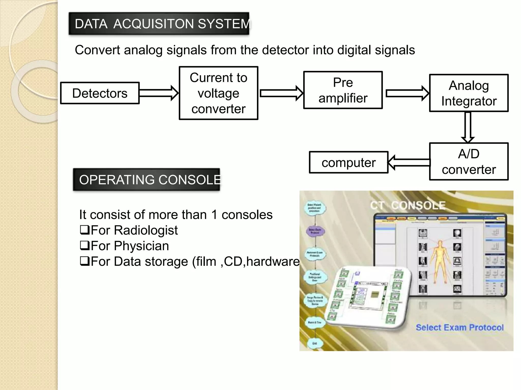 DATA ACQUISITON SYSTEM
Convert analog signals from the detector into digital signals
Detectors
Current to
voltage
converter
Pre
amplifier
computer
A/D
converter
Analog
Integrator
OPERATING CONSOLE
It consist of more than 1 consoles
For Radiologist
For Physician
For Data storage (film ,CD,hardware)
 