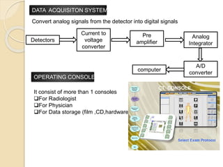 DATA ACQUISITON SYSTEM
Convert analog signals from the detector into digital signals
Detectors
Current to
voltage
converter
Pre
amplifier
computer
A/D
converter
Analog
Integrator
OPERATING CONSOLE
It consist of more than 1 consoles
For Radiologist
For Physician
For Data storage (film ,CD,hardware)
 