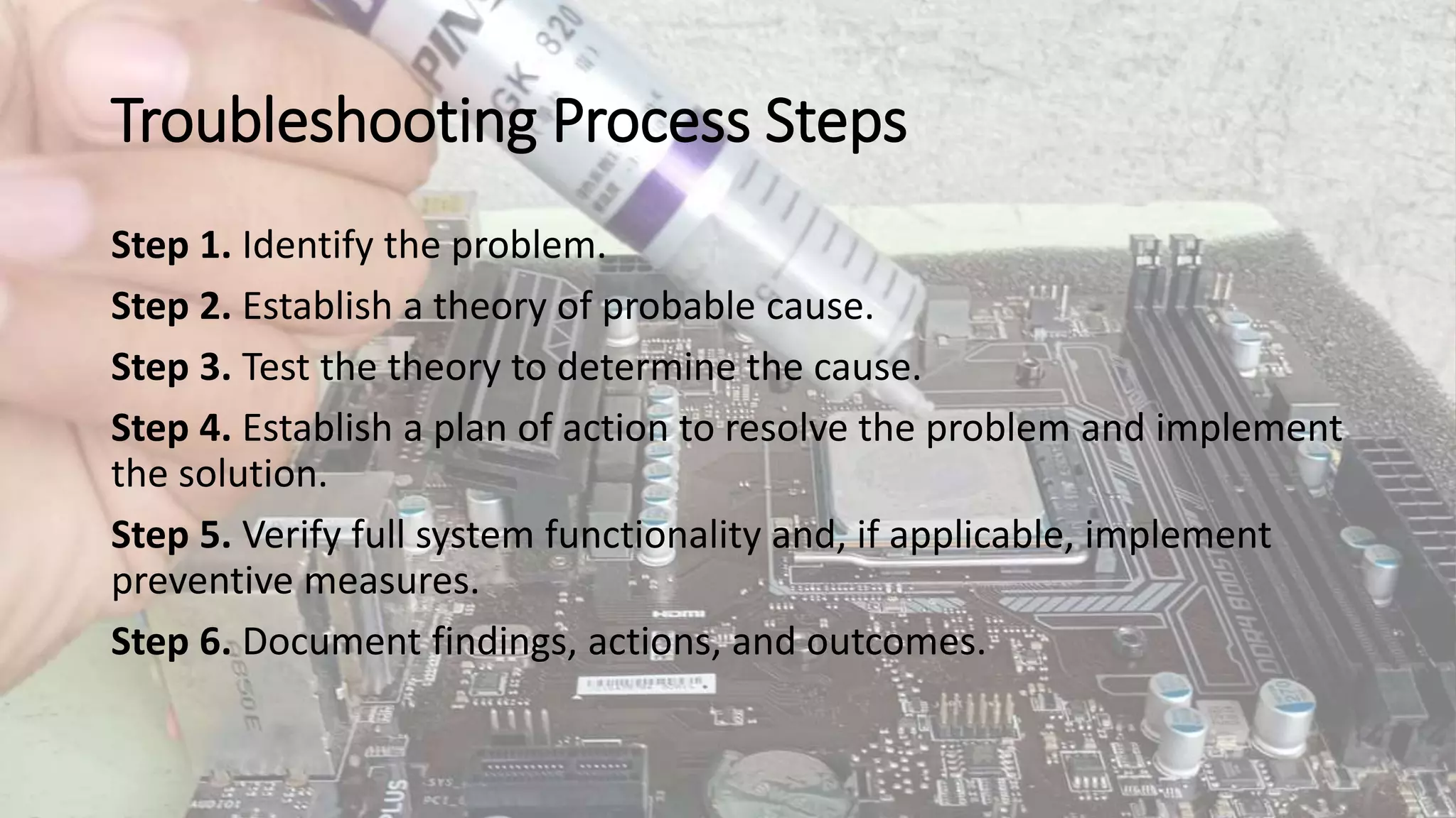 Troubleshooting Process Steps
Step 1. Identify the problem.
Step 2. Establish a theory of probable cause.
Step 3. Test the theory to determine the cause.
Step 4. Establish a plan of action to resolve the problem and implement
the solution.
Step 5. Verify full system functionality and, if applicable, implement
preventive measures.
Step 6. Document findings, actions, and outcomes.
 