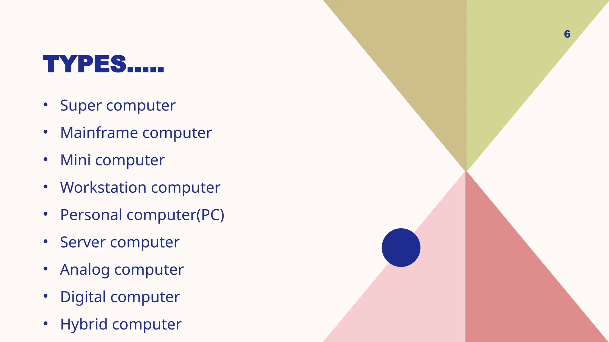 6
TYPES…..
• Super computer
• Mainframe computer
• Mini computer
• Workstation computer
• Personal computer(PC)
• Server computer
• Analog computer
• Digital computer
• Hybrid computer
 