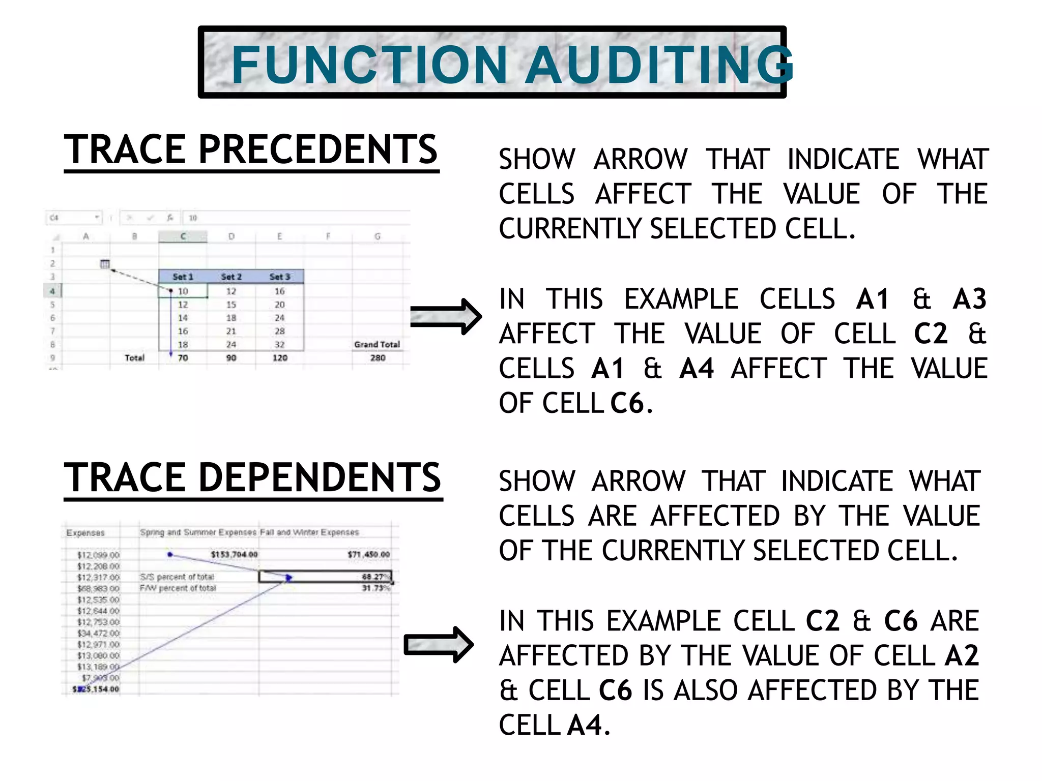 SHOW ARROW THAT INDICATE WHAT
CELLS AFFECT THE VALUE OF THE
CURRENTLY SELECTED CELL.
IN THIS EXAMPLE CELLS A1 & A3
AFFECT THE VALUE OF CELL C2 &
CELLS A1 & A4 AFFECT THE VALUE
OF CELL C6.
SHOW ARROW THAT INDICATE WHAT
CELLS ARE AFFECTED BY THE VALUE
OF THE CURRENTLY SELECTED CELL.
IN THIS EXAMPLE CELL C2 & C6 ARE
AFFECTED BY THE VALUE OF CELL A2
& CELL C6 IS ALSO AFFECTED BY THE
CELL A4.
TRACE PRECEDENTS
TRACE DEPENDENTS
FUNCTION AUDITING
 
