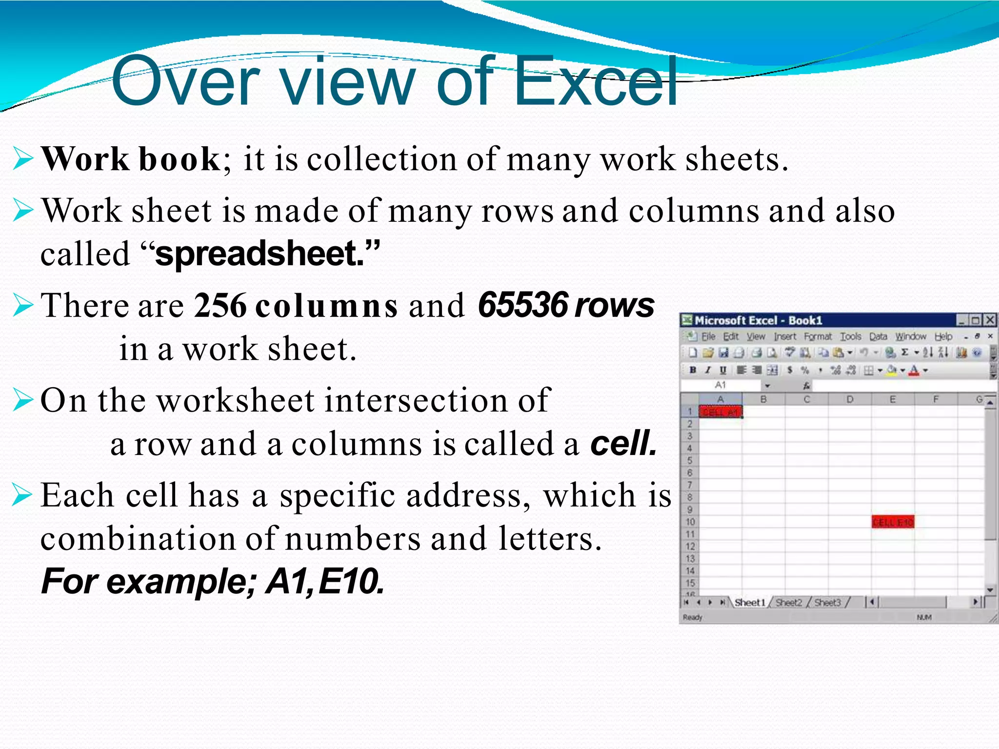 Over view of Excel
Work book; it is collection of many work sheets.
Work sheet is made of many rows and columns and also
called “spreadsheet.”
There are 256 columns and 65536 rows
in a work sheet.
On the worksheet intersection of
a row and a columns is called a cell.
Each cell has a specific address, which is
combination of numbers and letters.
For example; A1,E10.
 