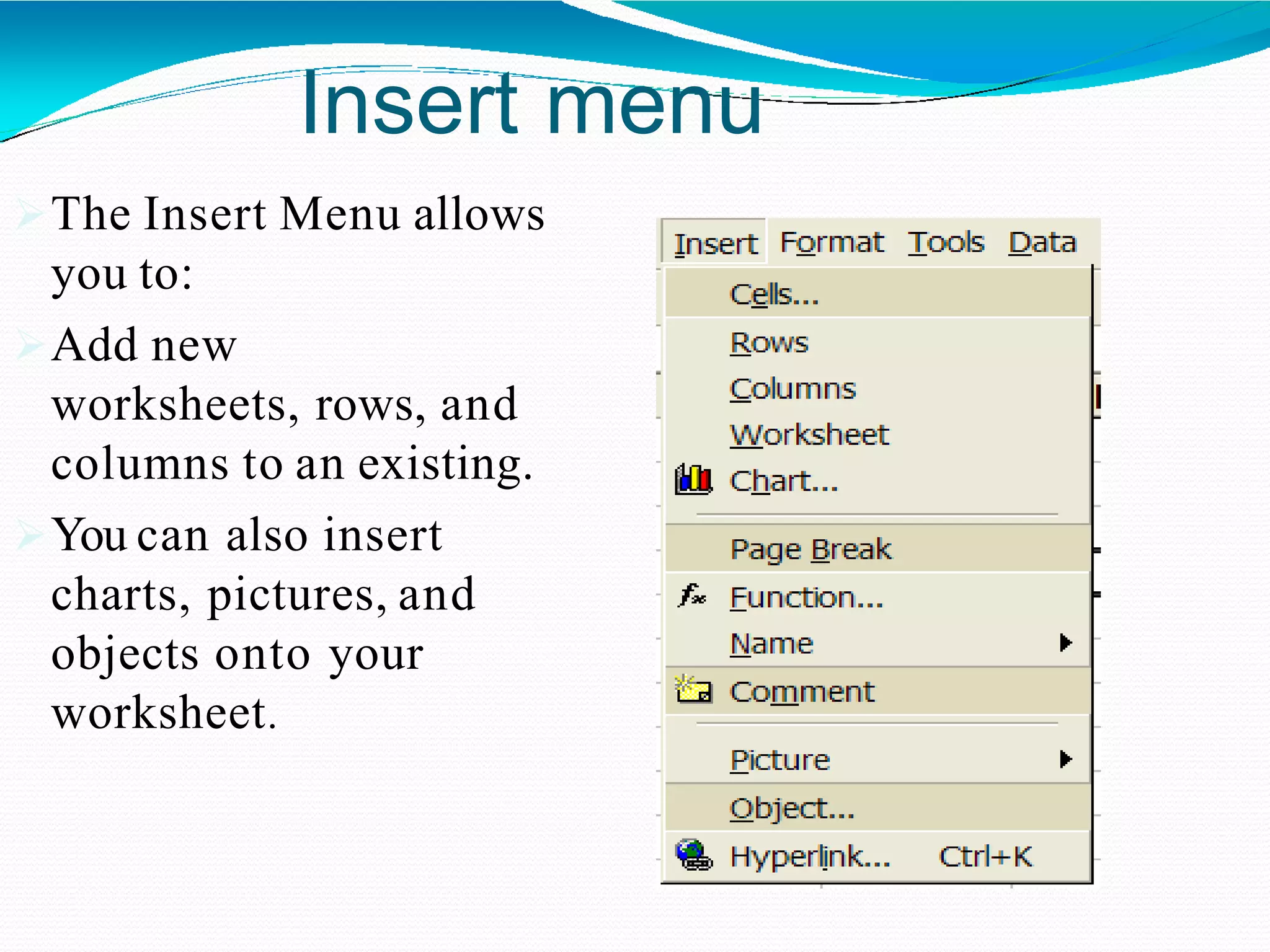 Insert menu
The Insert Menu allows
you to:
Add new
worksheets, rows, and
columns to an existing.
You can also insert
charts, pictures, and
objects onto your
worksheet.
 
