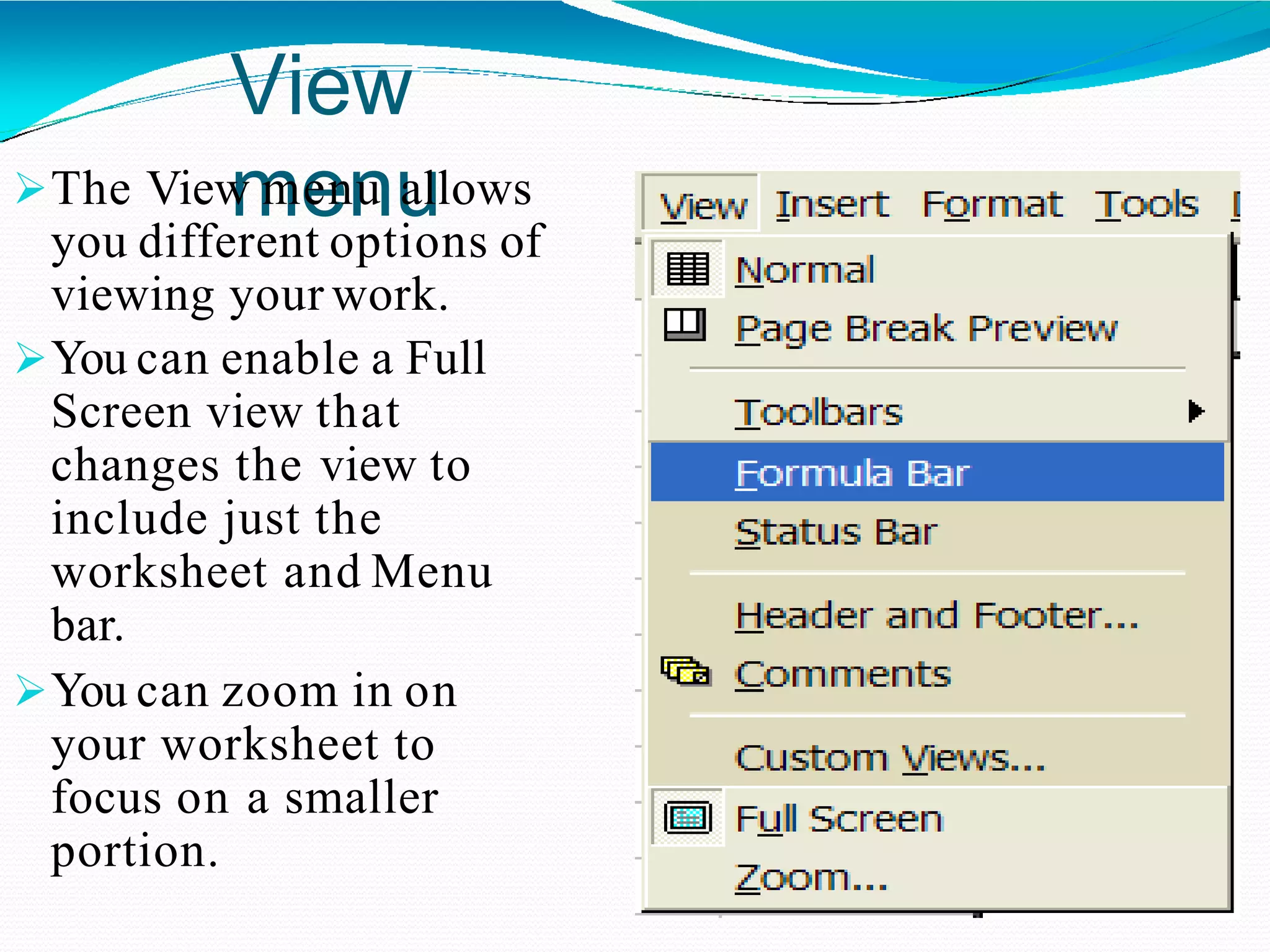 View
menuThe View menu allows
you different options of
viewing your work.
You can enable a Full
Screen view that
changes the view to
include just the
worksheet and Menu
bar.
You can zoom in on
your worksheet to
focus on a smaller
portion.
 
