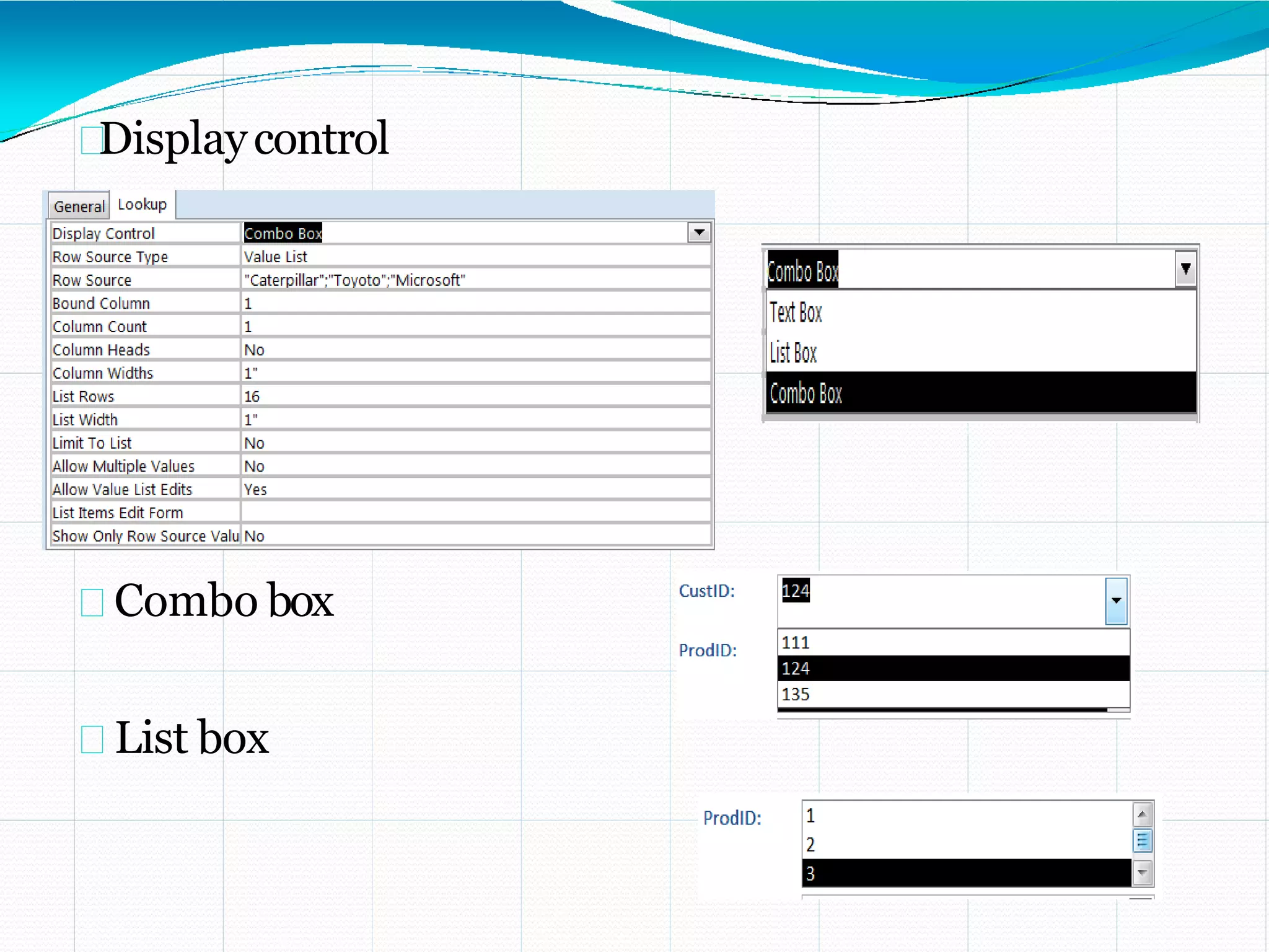 Displaycontrol
Combo box
List box
 