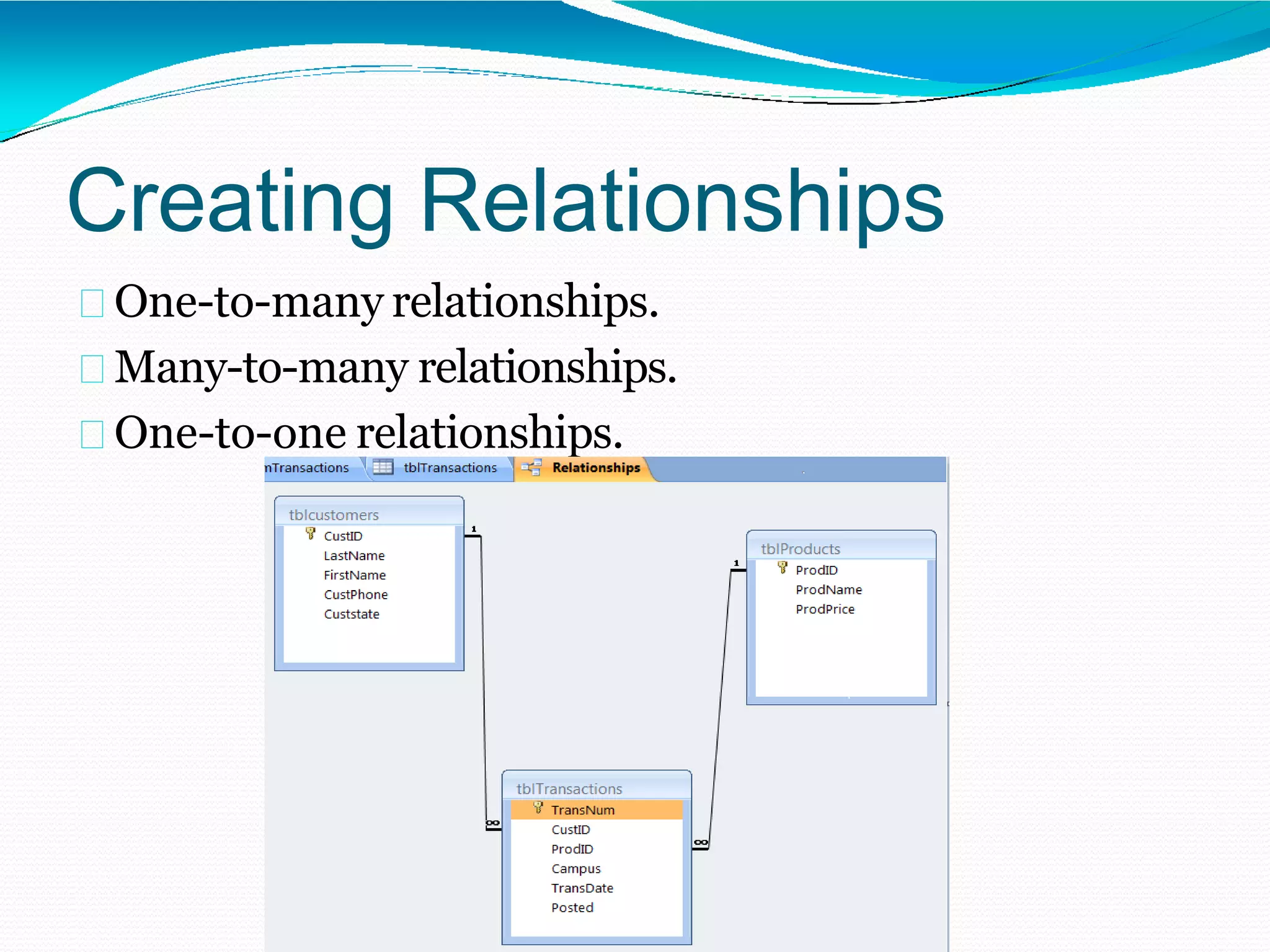 Creating Relationships
One-to-many relationships.
Many-to-many relationships.
One-to-one relationships.
 