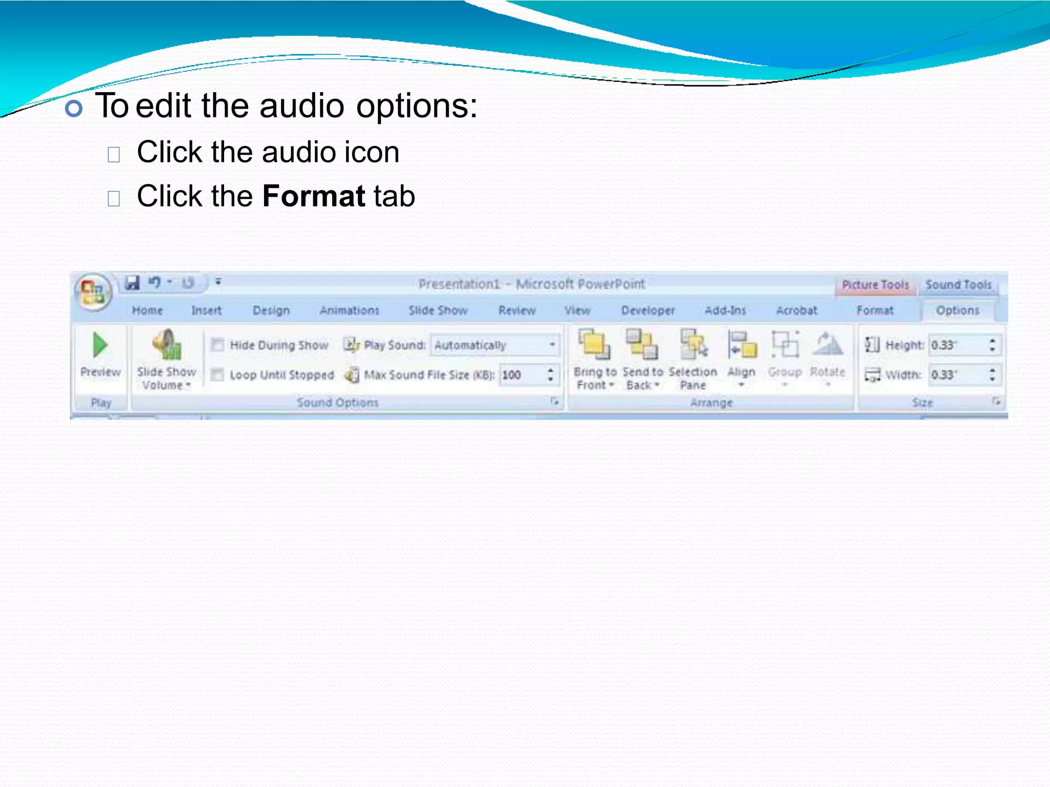  To edit the audio options:
Click the audio icon
Click the Format tab
 