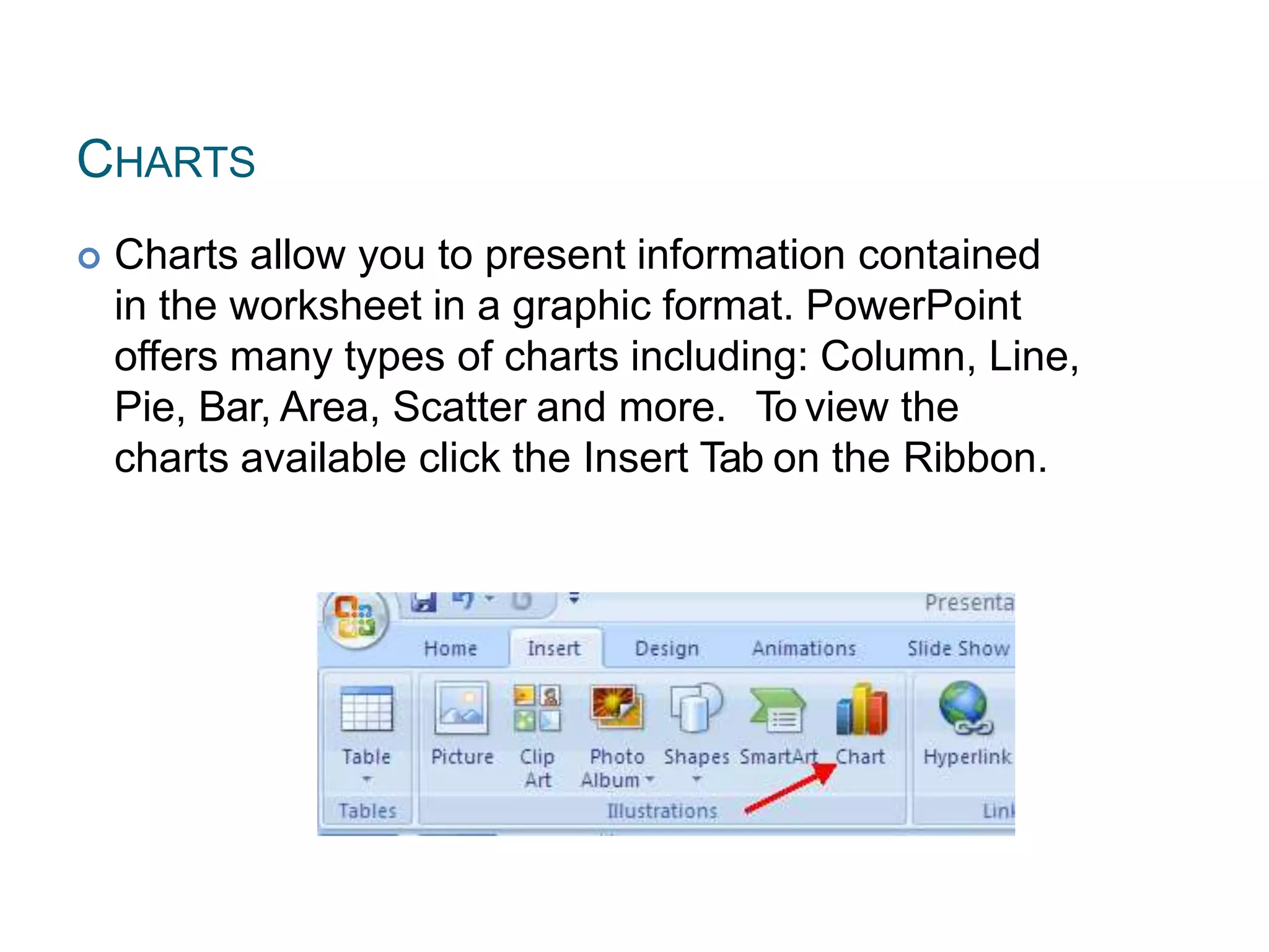 CHARTS
 Charts allow you to present information contained
in the worksheet in a graphic format. PowerPoint
offers many types of charts including: Column, Line,
Pie, Bar, Area, Scatter and more. To view the
charts available click the Insert Tab on the Ribbon.
 
