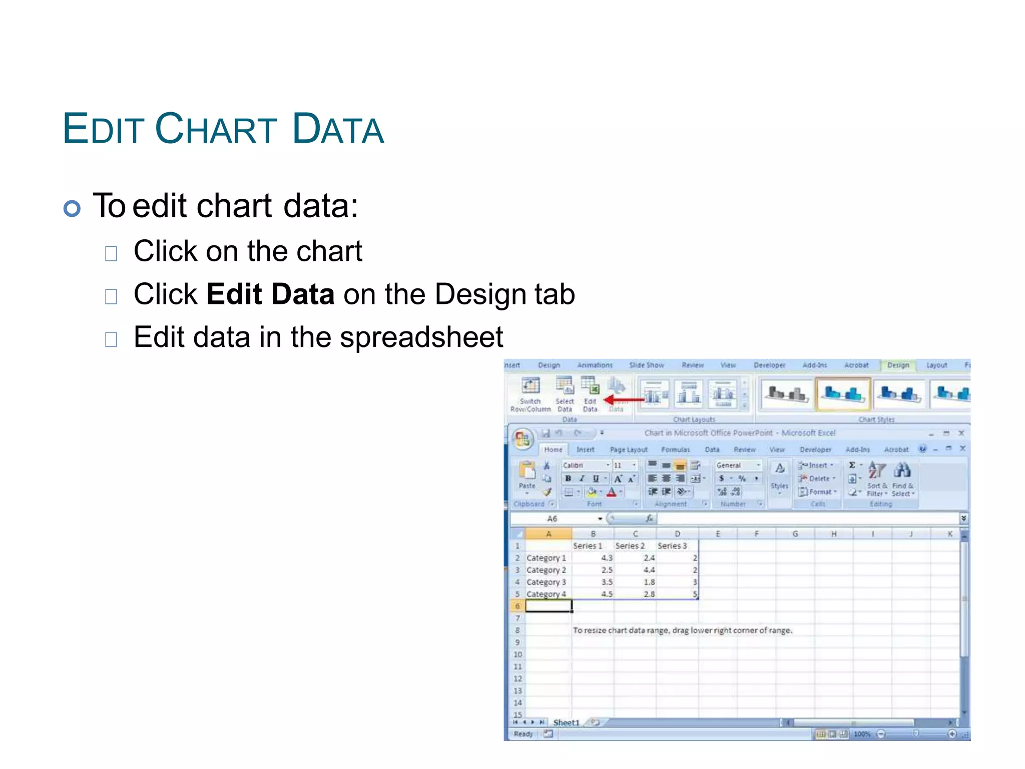 EDIT CHART DATA
 To edit chart data:
Click on the chart
Click Edit Data on the Design tab
Edit data in the spreadsheet
 