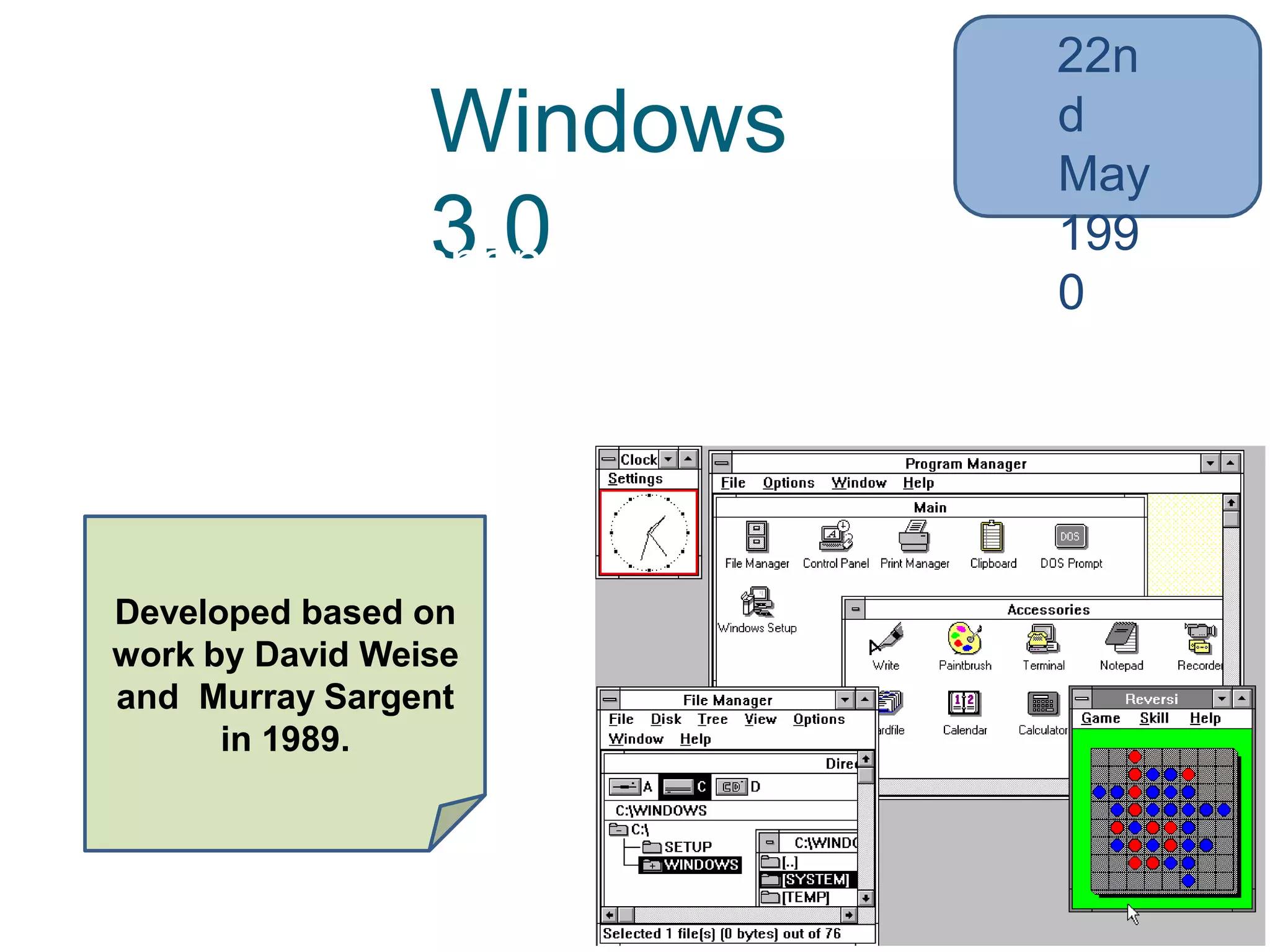 Windows
3.0
22n
d
May
199
0
• Protected/Enhanced mode to run
Windows applications with reduced
memory issues
• Better memory management
Developed based on
work by David Weise
and Murray Sargent
in 1989.
 