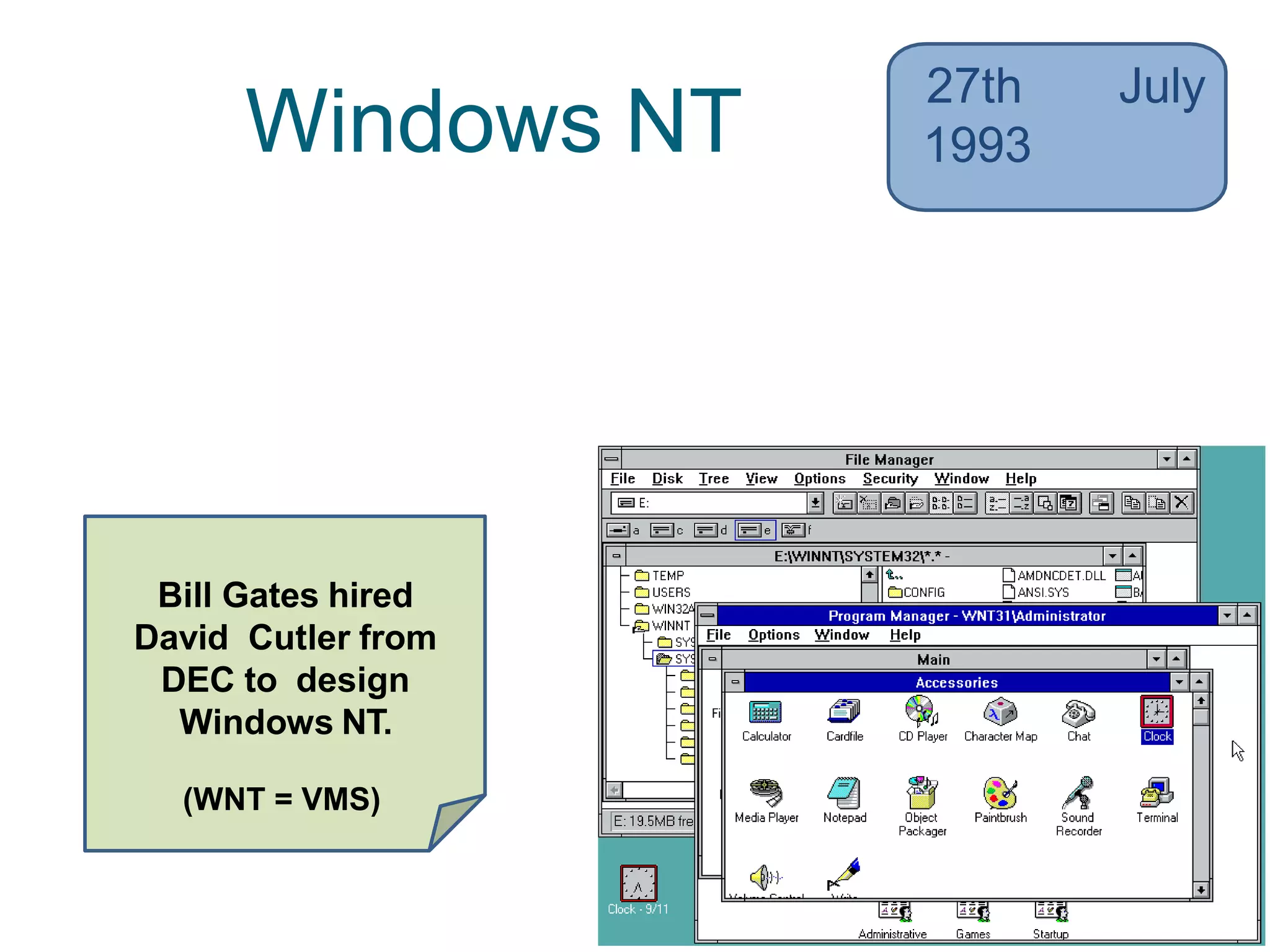 Windows NT
27th July
1993
• Portability to multiple processor
architectures, as well as higher security
and stability
• Designed from scratch (“Unix killer”)
Bill Gates hired
David Cutler from
DEC to design
Windows NT.
(WNT = VMS)
 