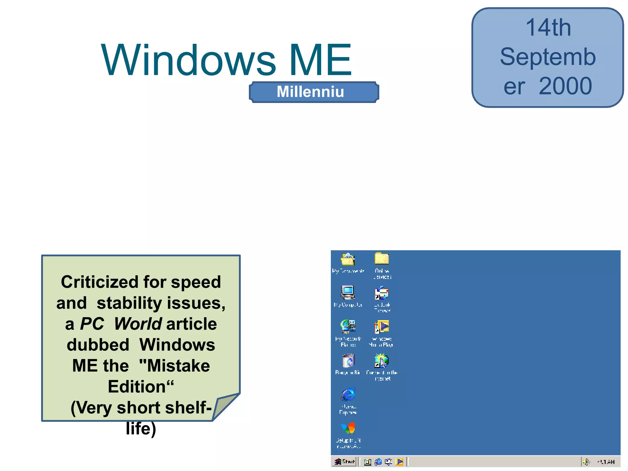 Windows ME
14th
Septemb
er 2000
• Introduced a System Restore feature,
and improved digital media and
networking tools
• Restricted access to real mode MS-DOS
Criticized for speed
and stability issues,
a PC World article
dubbed Windows
ME the "Mistake
Edition“
(Very short shelf-
life)
Millenniu
m
 