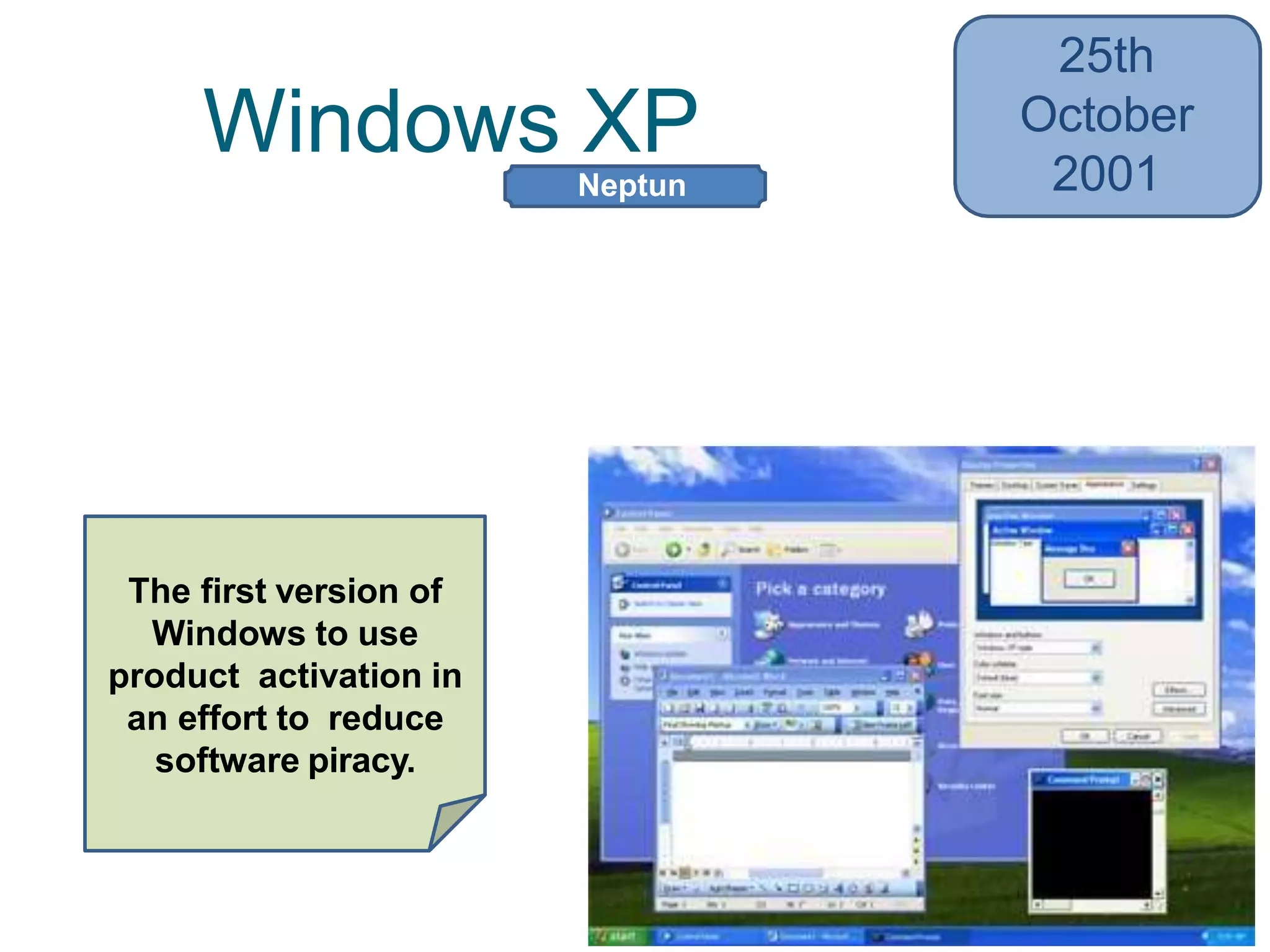 Windows XP
25th
October
2001
• Improved taskbar and ‘Start’ menu,
better networking features
• Newly improved user interface
The first version of
Windows to use
product activation in
an effort to reduce
software piracy.
Neptun
e
 
