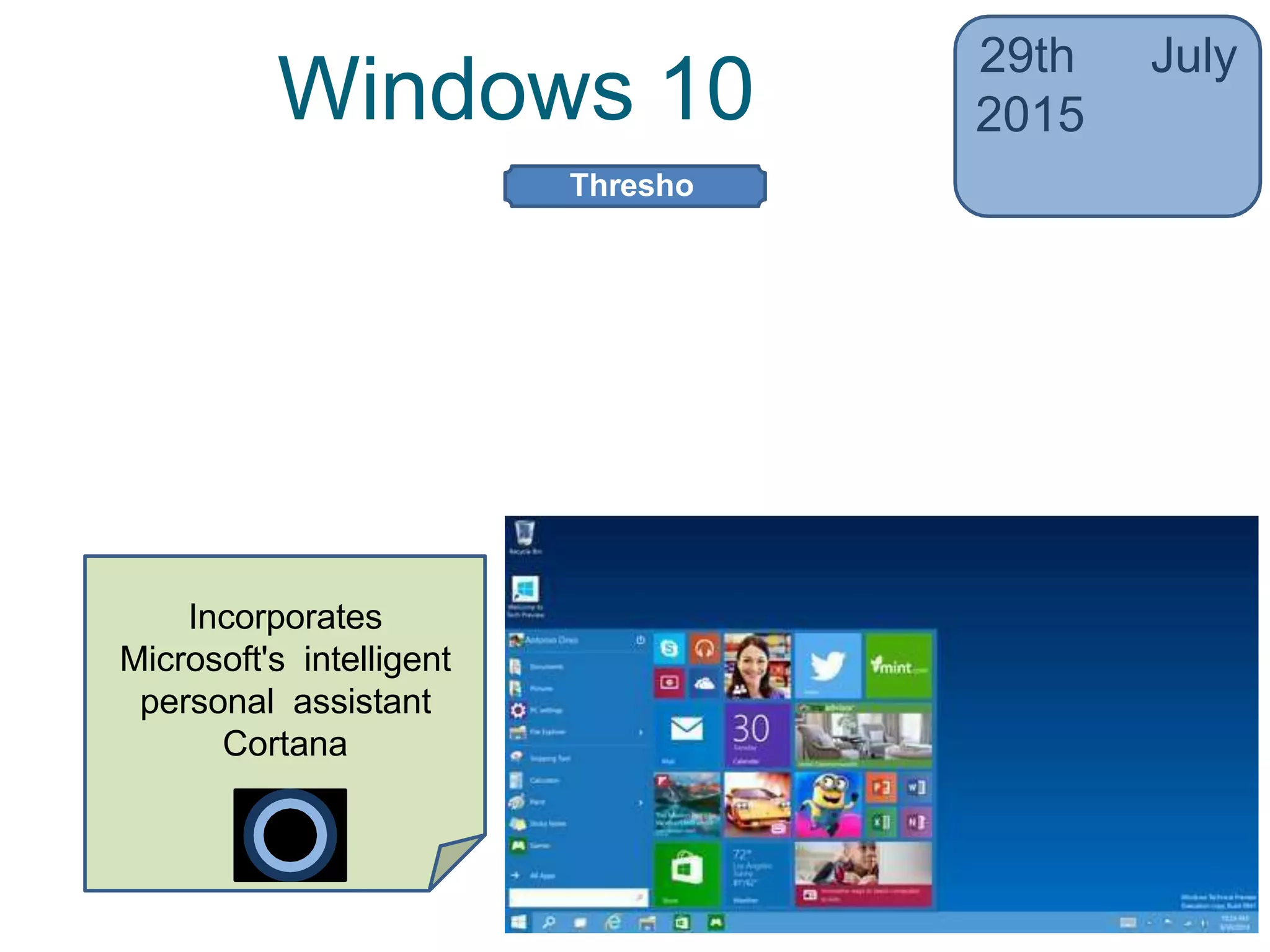Windows 10
29th July
2015
• Return of ‘Start’ button, a virtual
desktop system, integration with
Windows Phone
• Device dependent interface
Incorporates
Microsoft's intelligent
personal assistant
Cortana
Thresho
ld
 